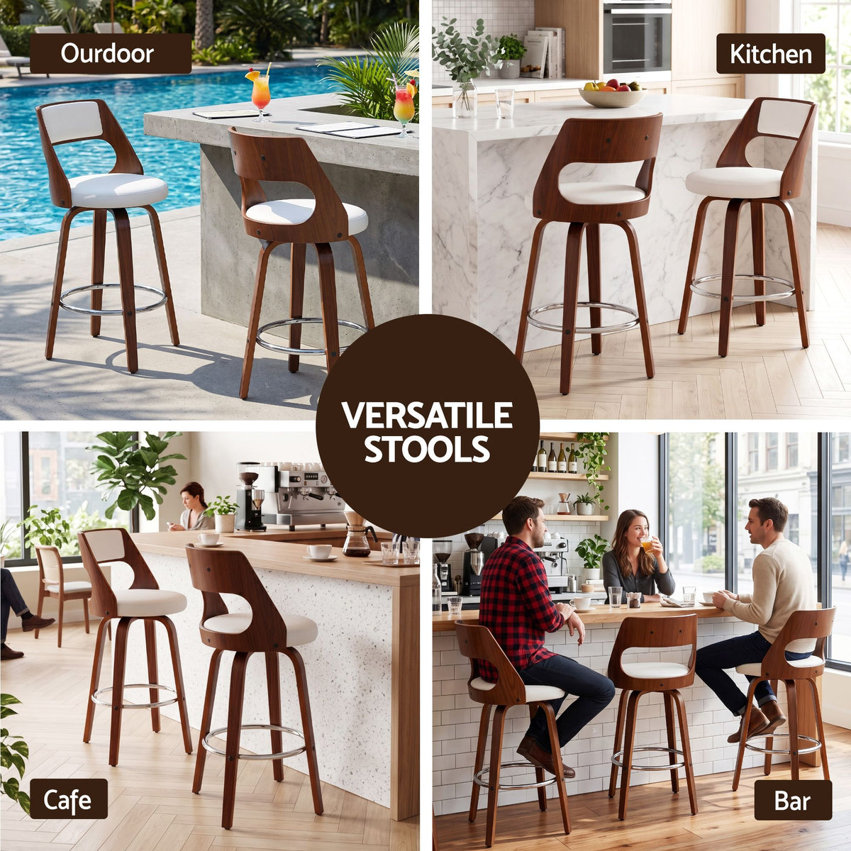 Artiss Wooden Swivel Bar Stools 65cm White/Walnut Set of 2