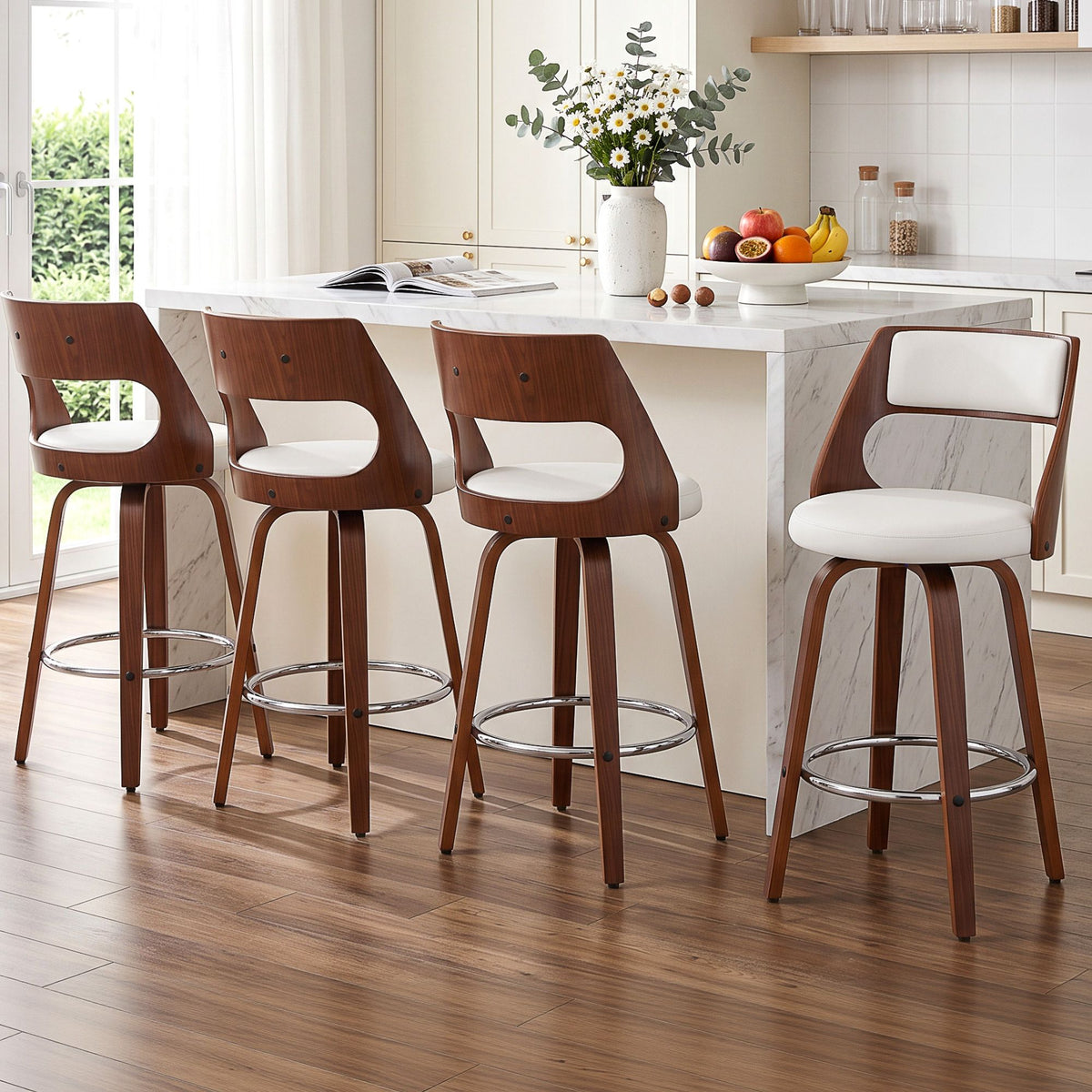 Artiss Wooden Swivel Bar Stools 65cm White/Walnut Set of 4