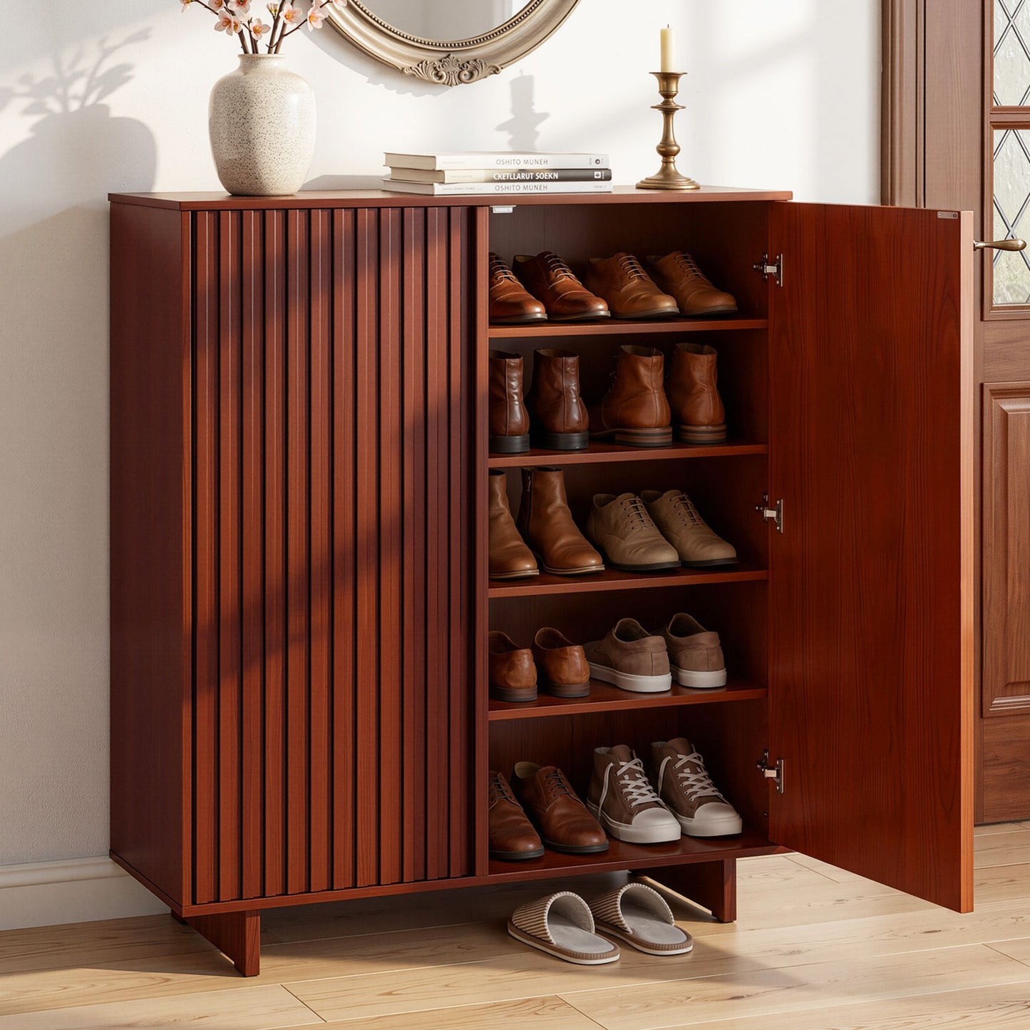 Artiss Shoe Cabinet 5 Tier Storage Organiser w/ Adjustable Shelves Bamboo