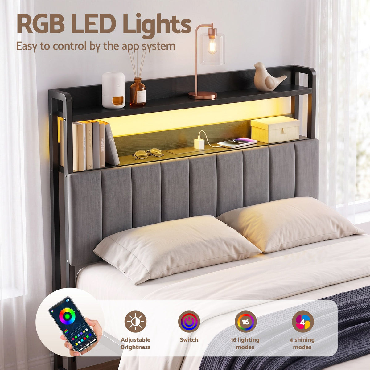 Artiss Double Headboard with Charging Station - Grey