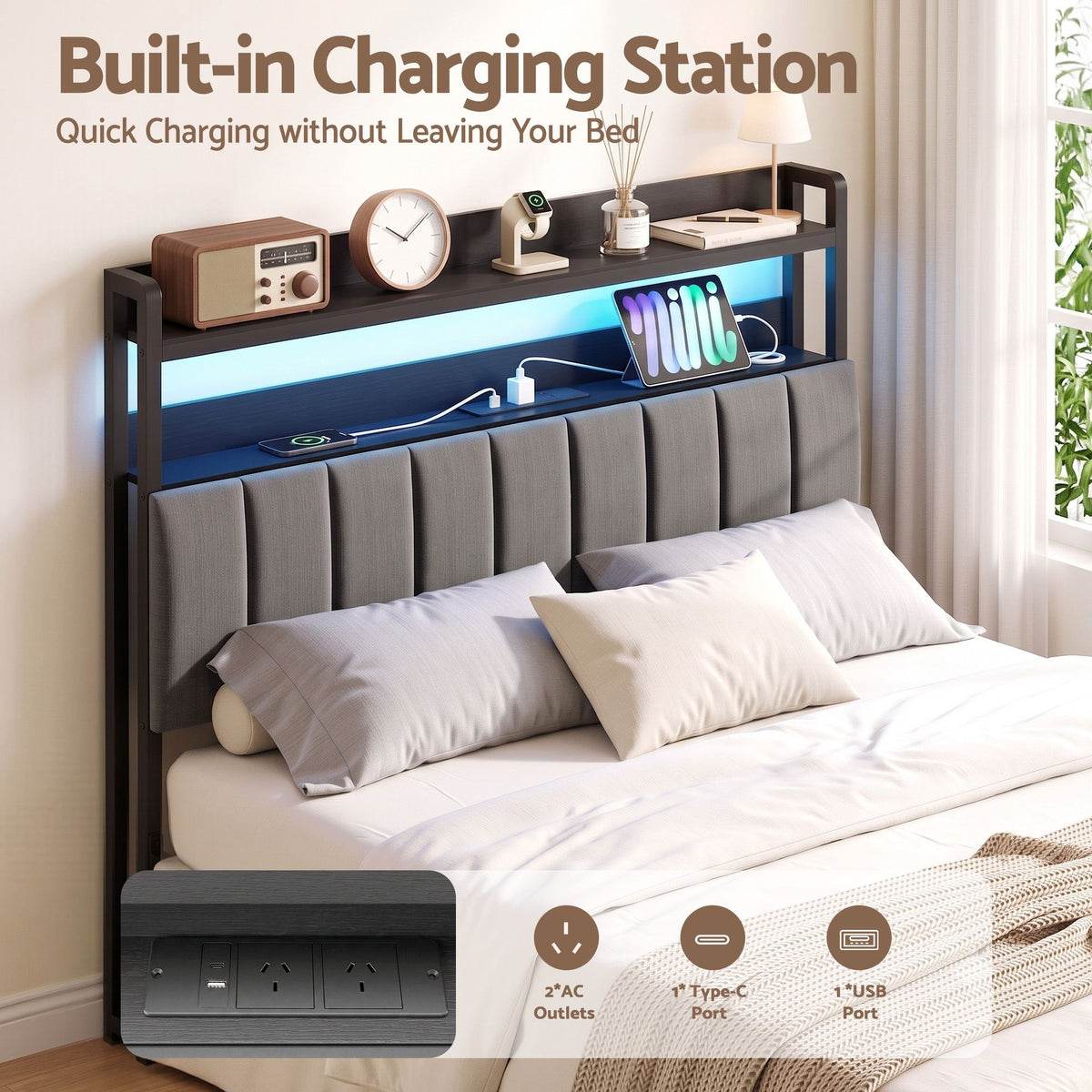 Artiss Double Headboard with Charging Station - Grey