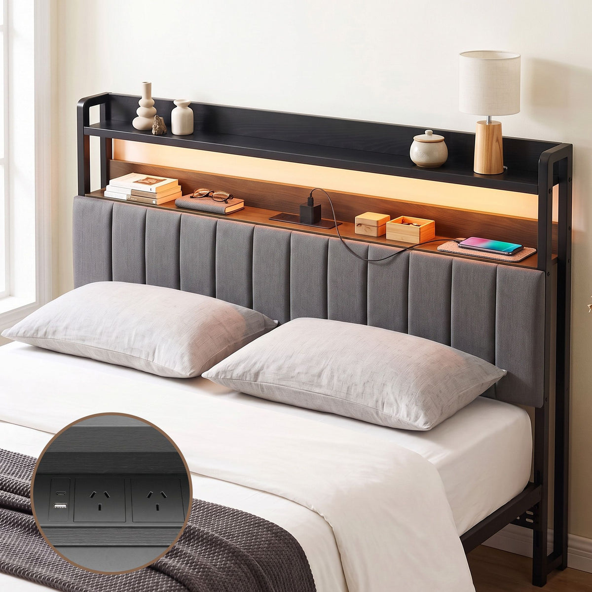 Artiss King Headboard with Charging Station - Grey