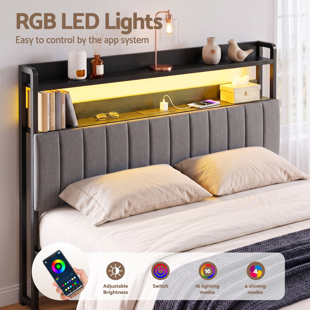 Artiss King Headboard with Charging Station - Grey