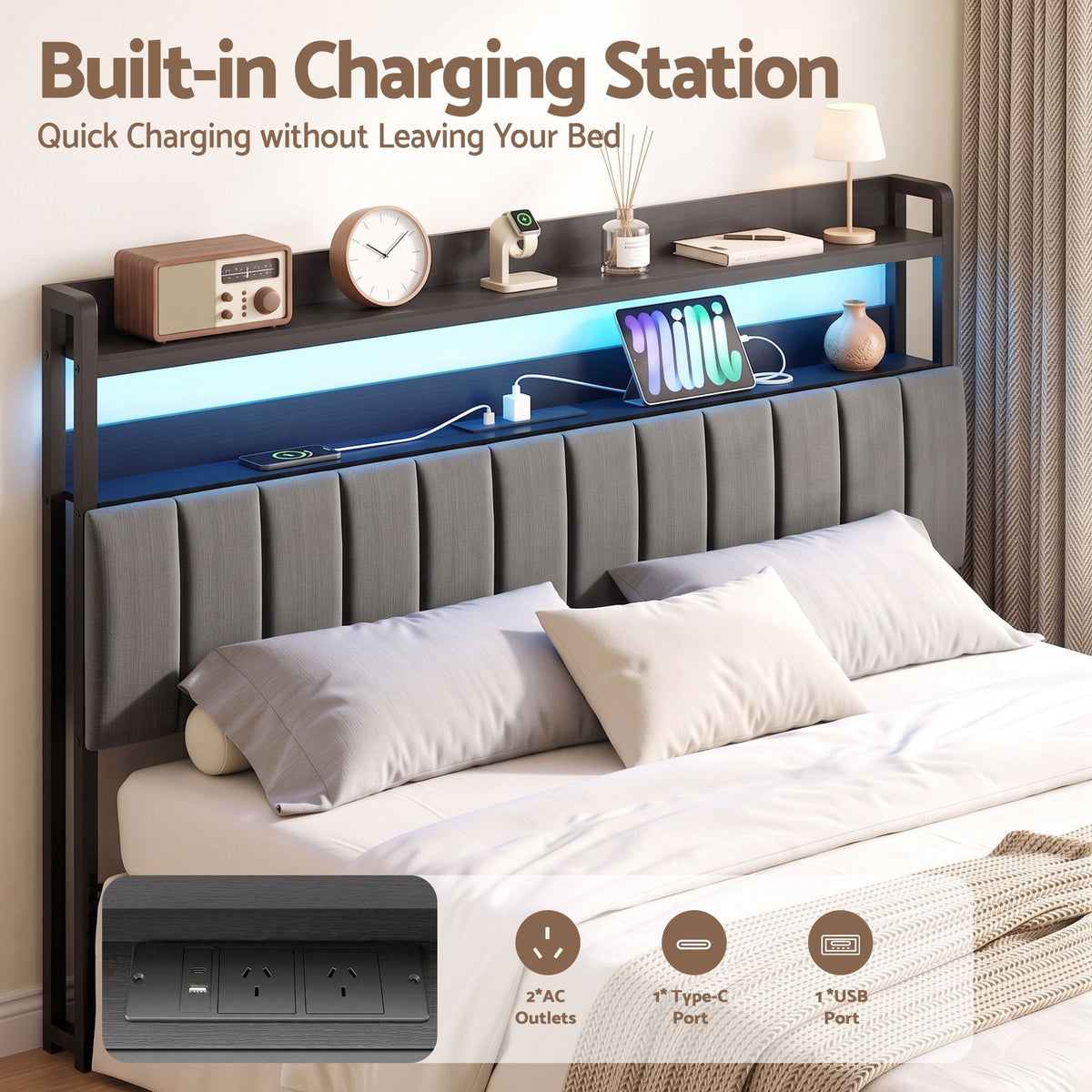 Artiss King Headboard with Charging Station - Grey
