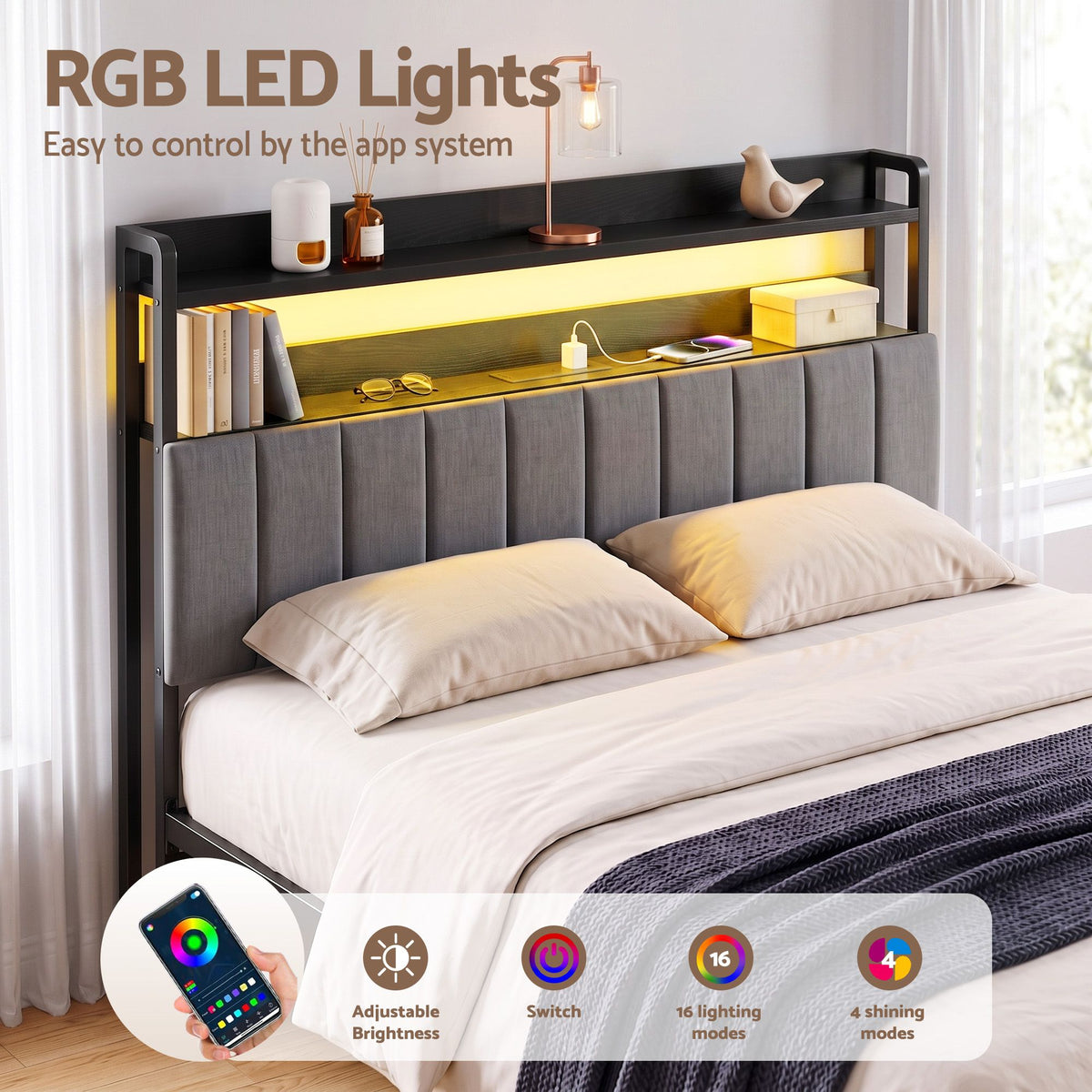 Artiss Queen Headboard with Charging Station - Grey