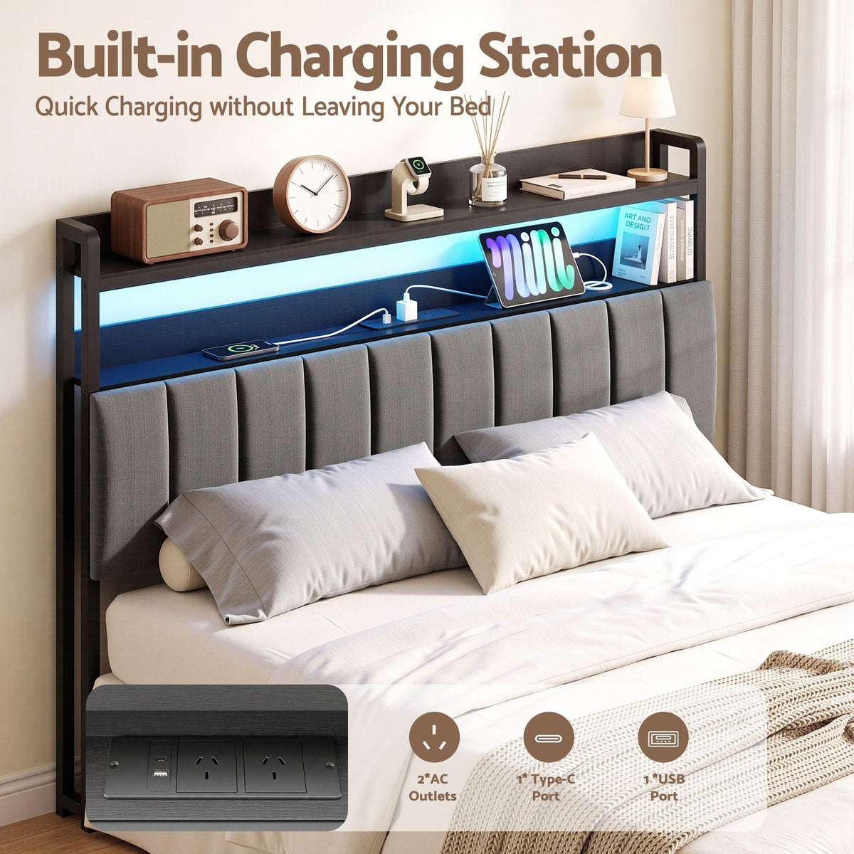 Artiss Queen Headboard with Charging Station - Grey