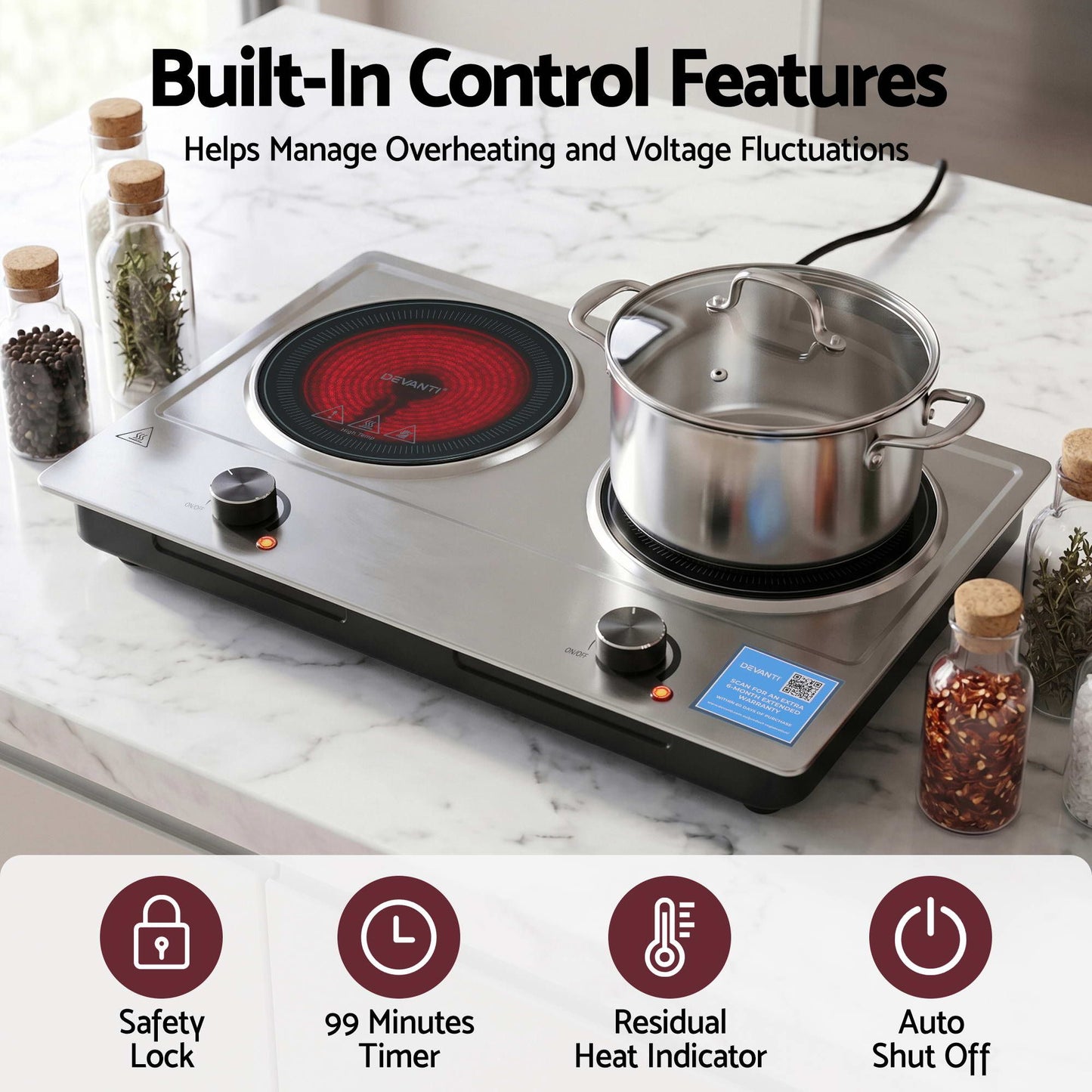 Devanti 2 Zone Ceramic Cooktop 2400W
