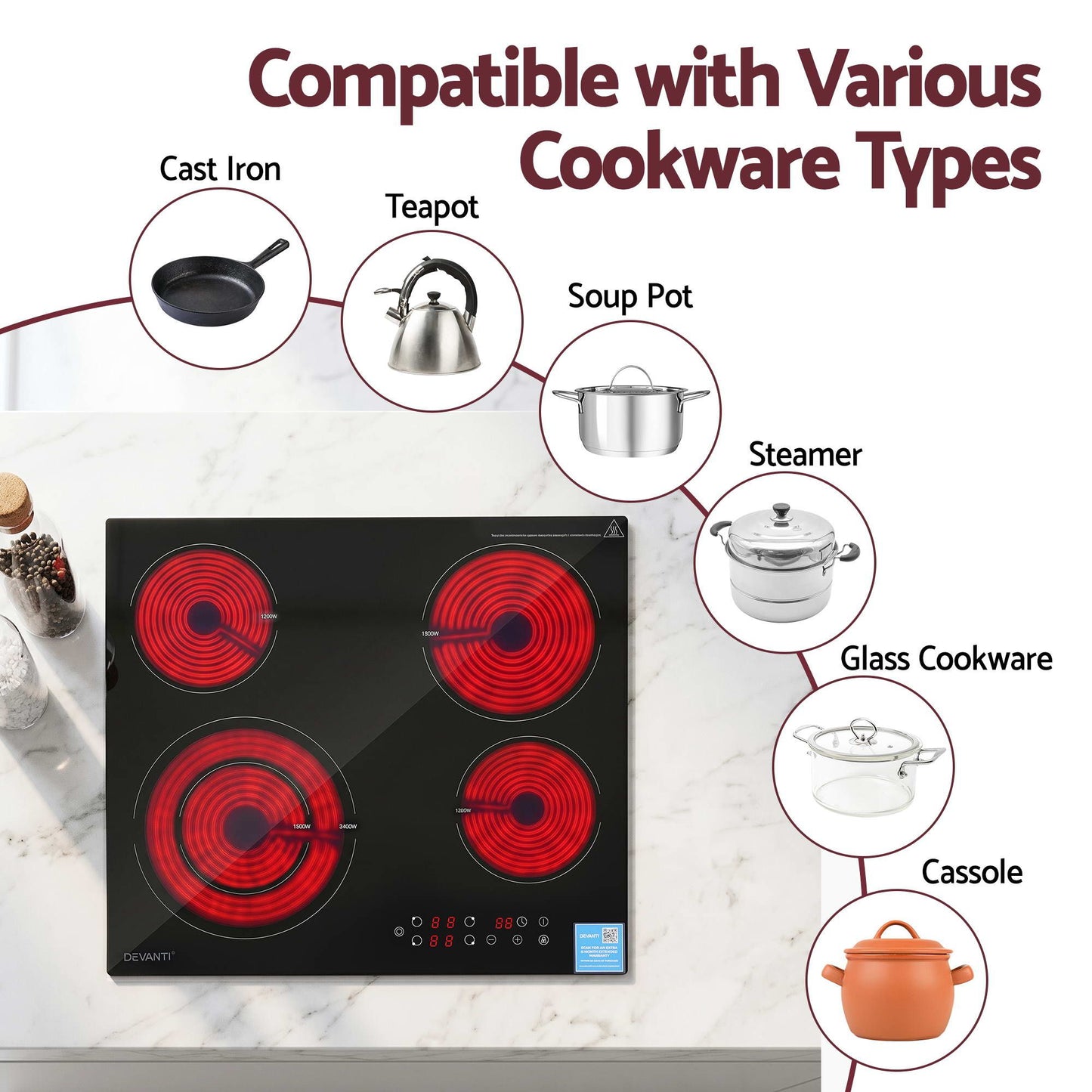 Devanti 5-Zone Ceramic Cooktop 7600W - Black