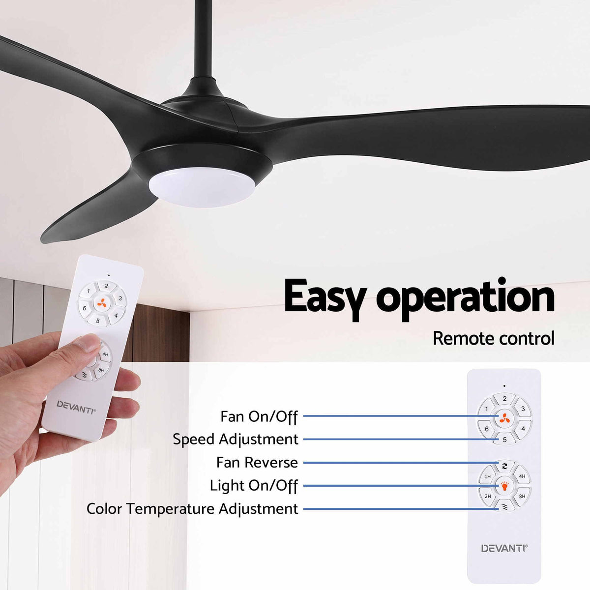 Devanti 52-inch Ceiling Fan with Light - Black