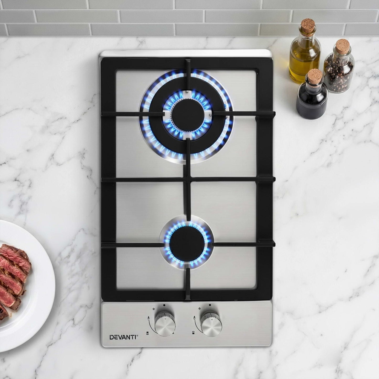 Devanti 30cm 2 Burner Gas Cooktop - Silver