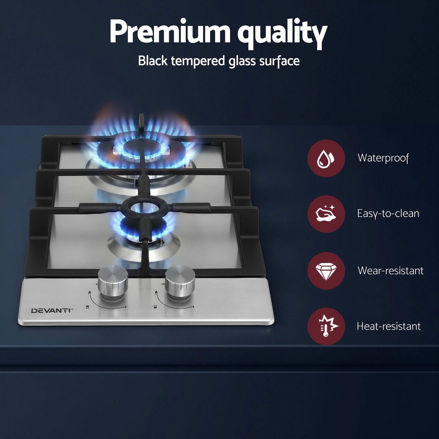 Devanti 30cm 2 Burner Gas Cooktop - Silver