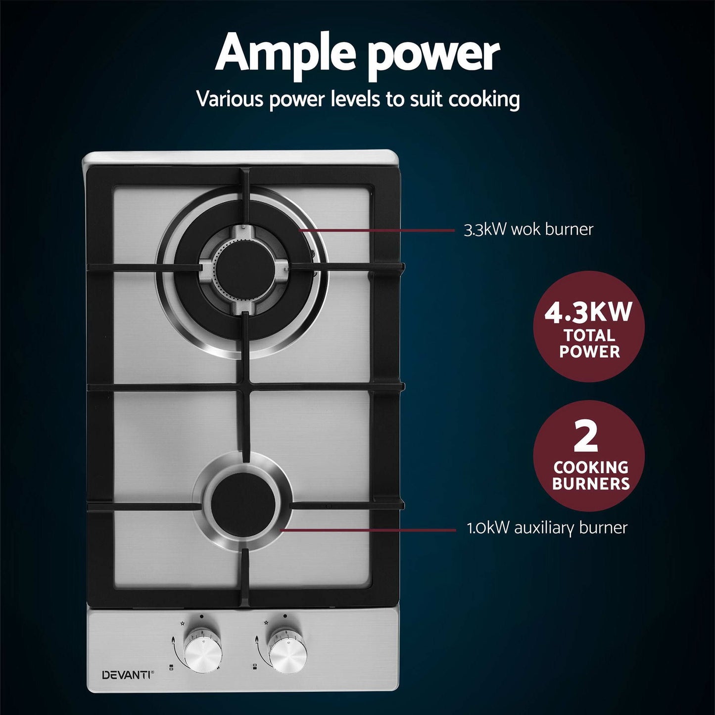 Devanti 30cm 2 Burner Gas Cooktop - Silver