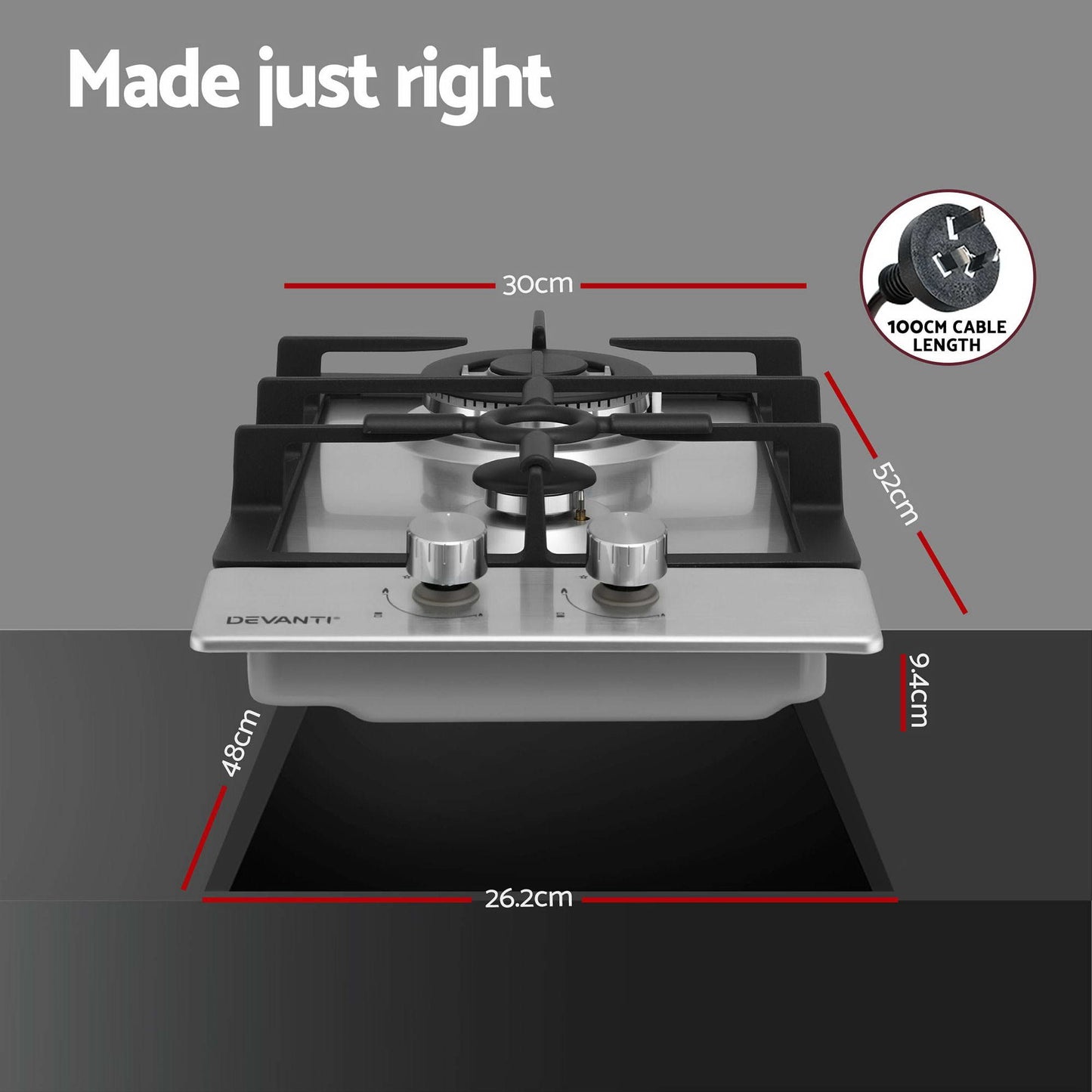Devanti 30cm 2 Burner Gas Cooktop - Silver