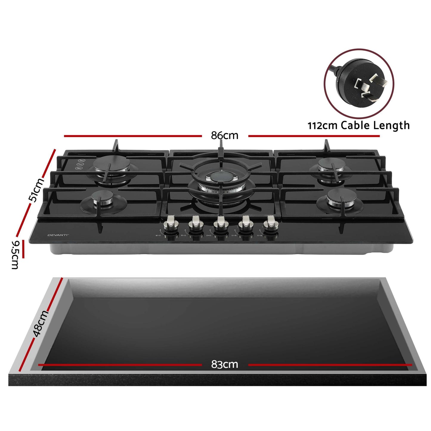 Devanti 90cm 5-Burner Gas Cooktop - Black