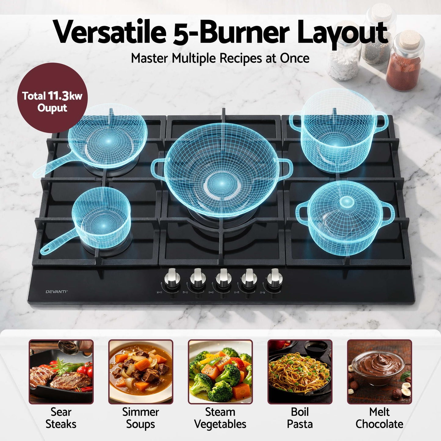 Devanti 90cm 5-Burner Gas Cooktop - Black