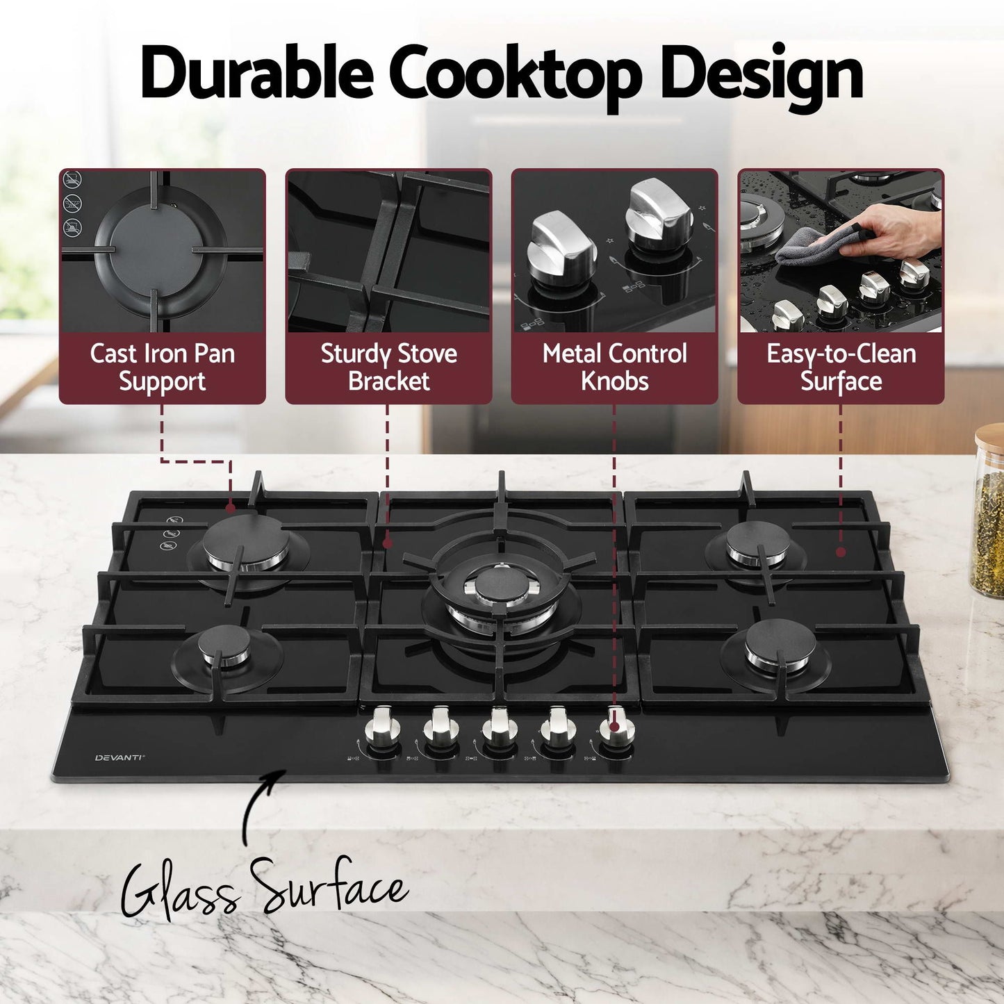 Devanti 90cm 5-Burner Gas Cooktop - Black