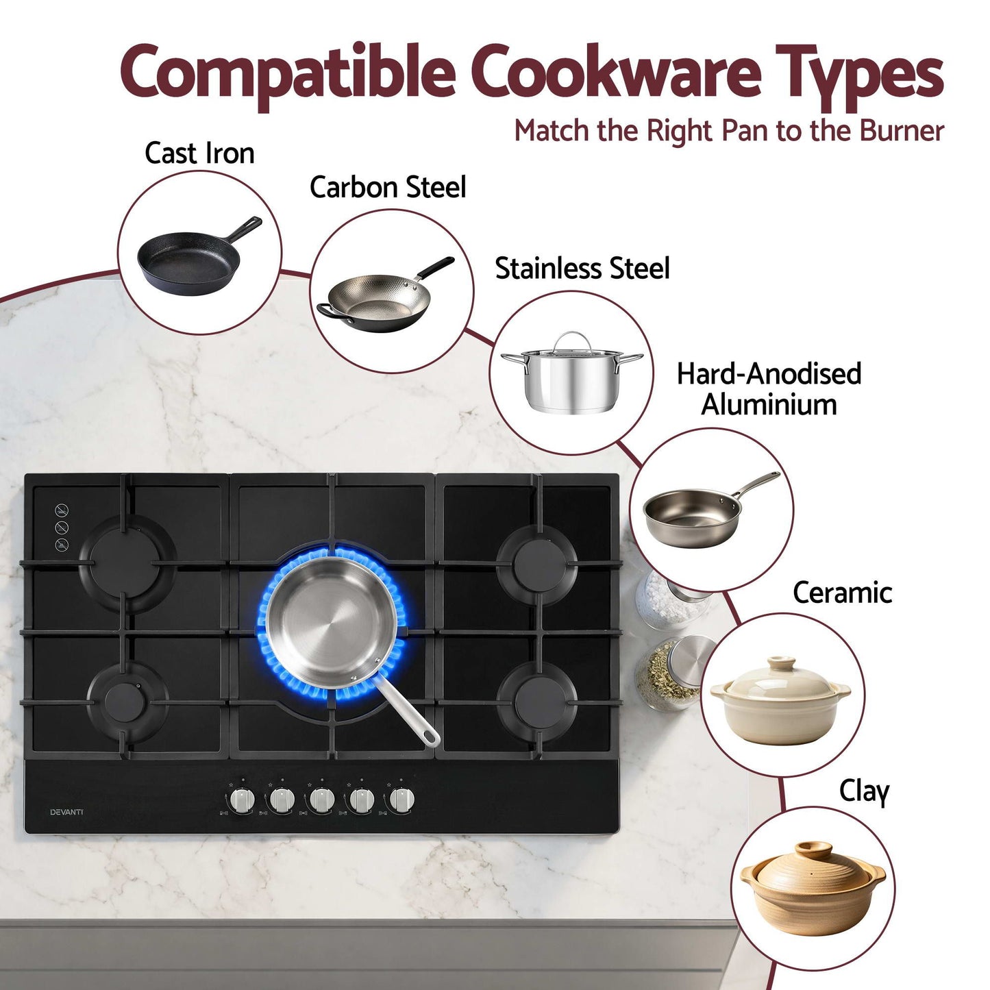Devanti 90cm 5-Burner Gas Cooktop - Black