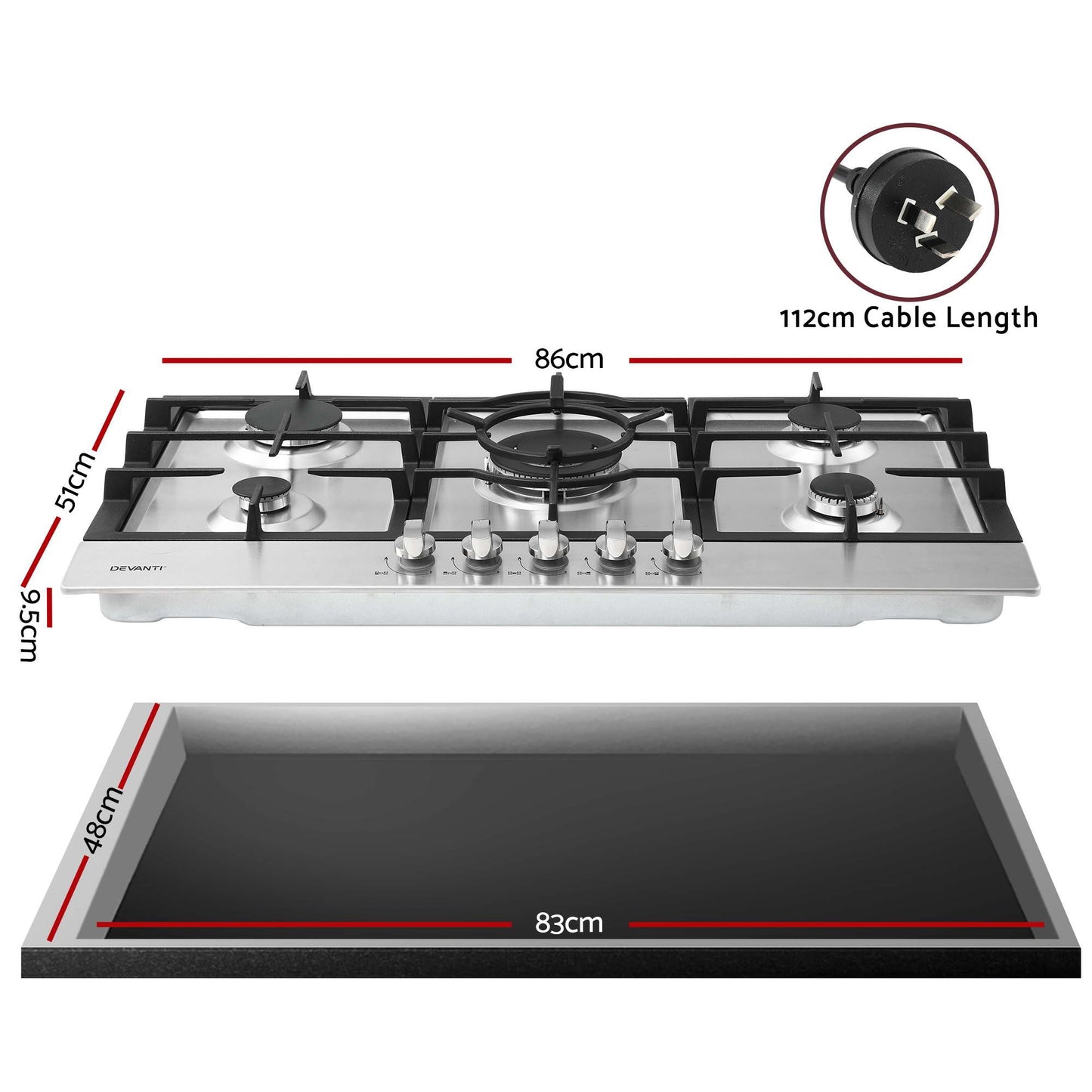 Devanti 90cm 5-Burner Gas Cooktop - Stainless Steel