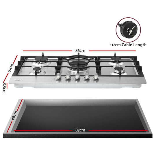 Devanti 90cm 5-Burner Gas Cooktop - Stainless Steel