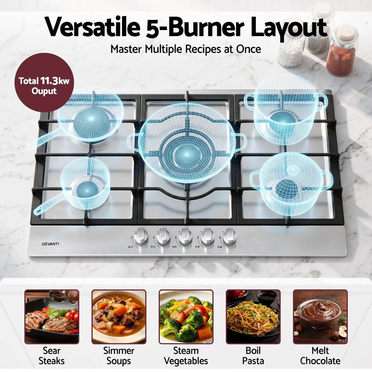 Devanti 90cm 5-Burner Gas Cooktop - Stainless Steel