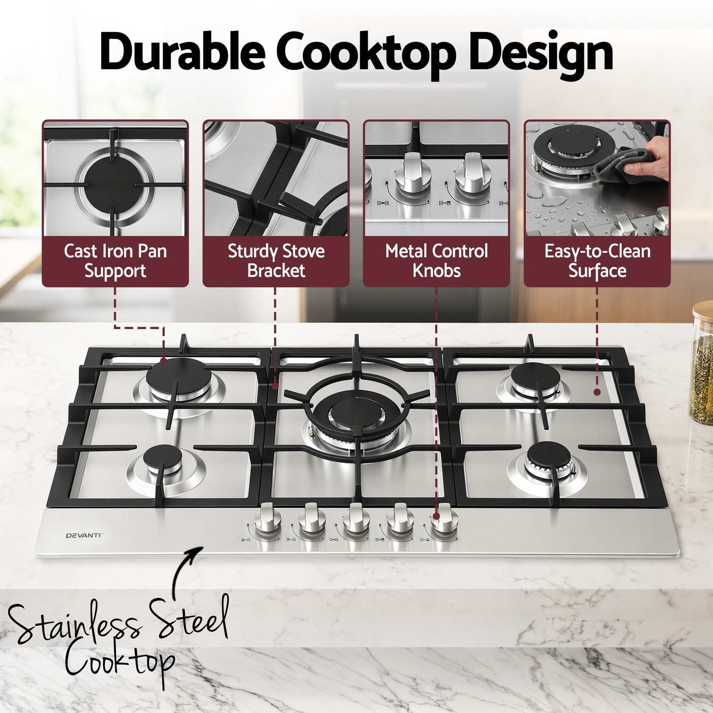 Devanti 90cm 5-Burner Gas Cooktop - Stainless Steel