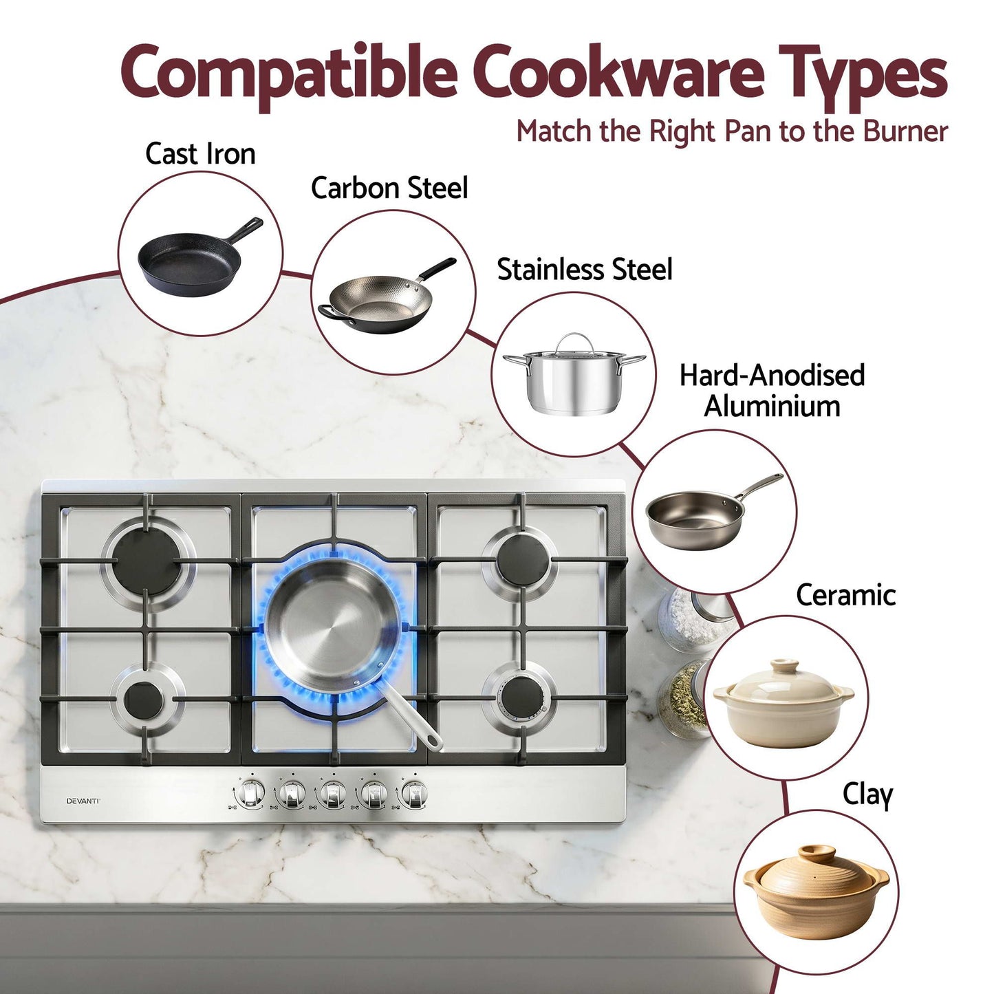 Devanti 90cm 5-Burner Gas Cooktop - Stainless Steel