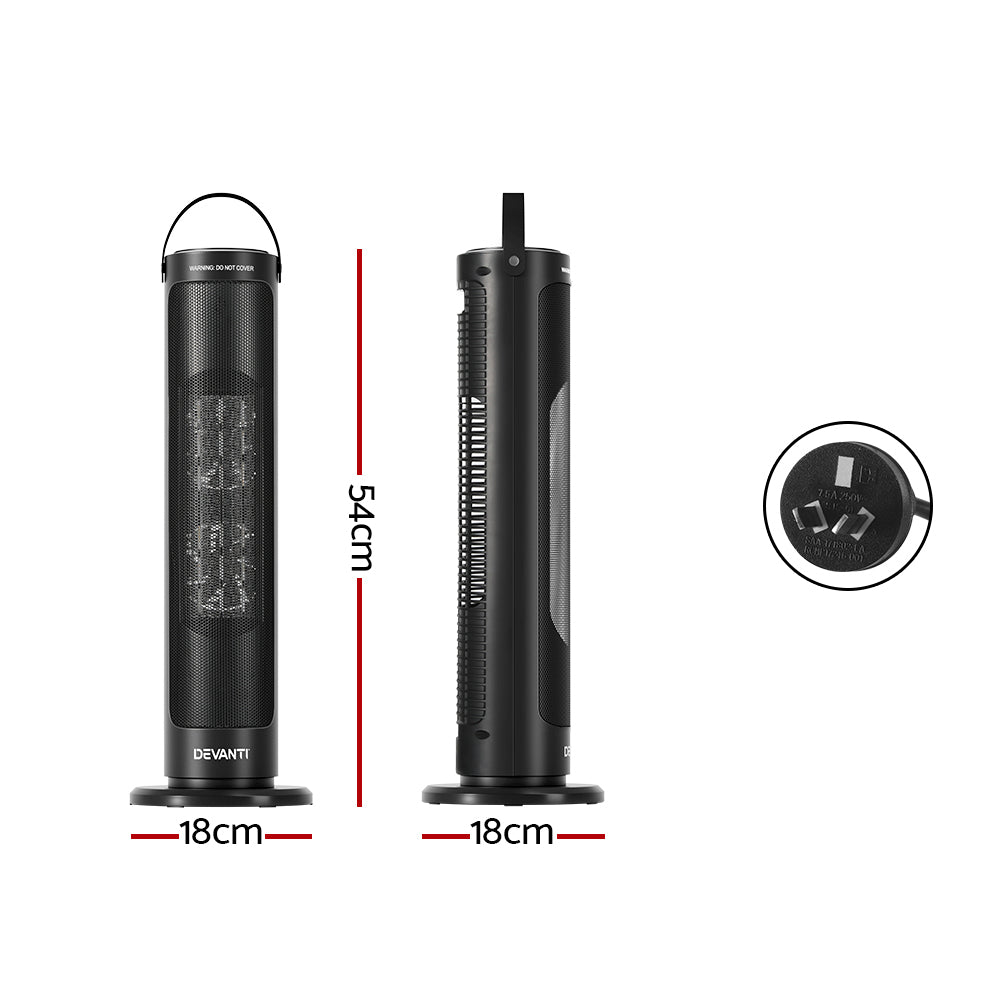 Devanti Ceramic Tower Heater 2000W - Rapid Heating, ECO Mode, Oscillating Space Heater for Ultimate Winter Comfort