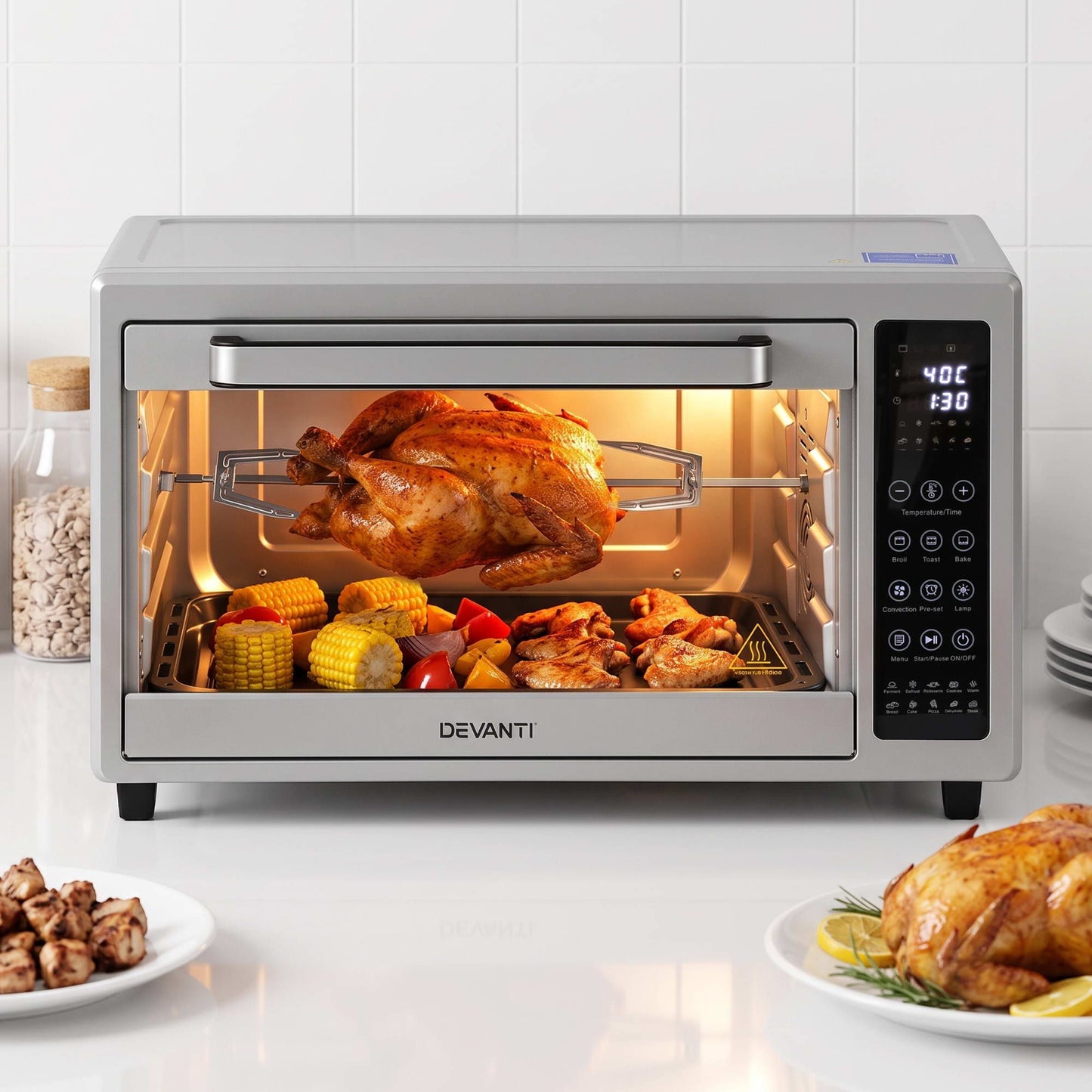 Devanti 48L Convection Oven Electric Fryer Bake Grill Ovens Benchtop 2000W Silver