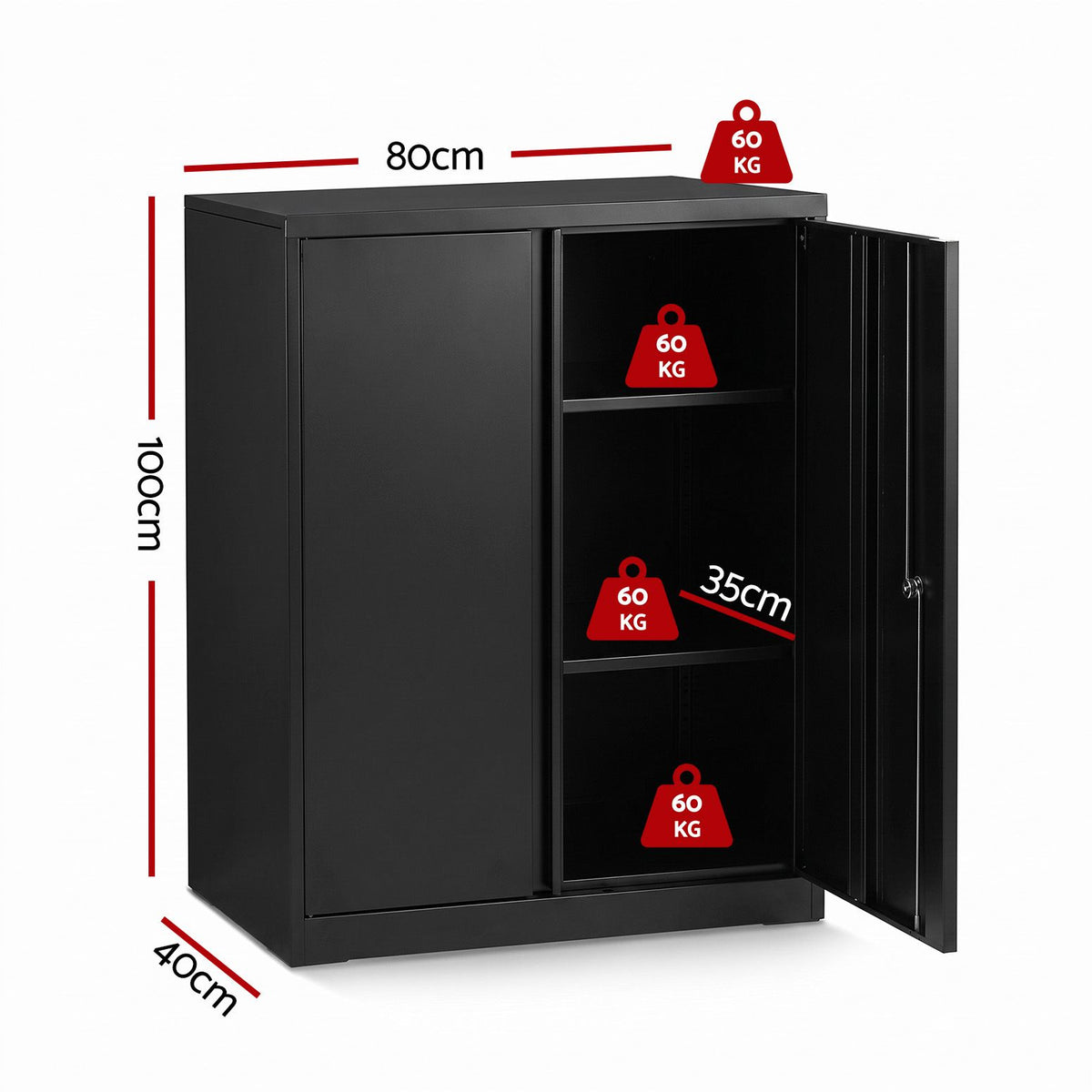 Artiss 100cm Steel Locker Cabinet Filing Mental Storage 100cm 3-Point Lock 2 Adjustable Shelves Black