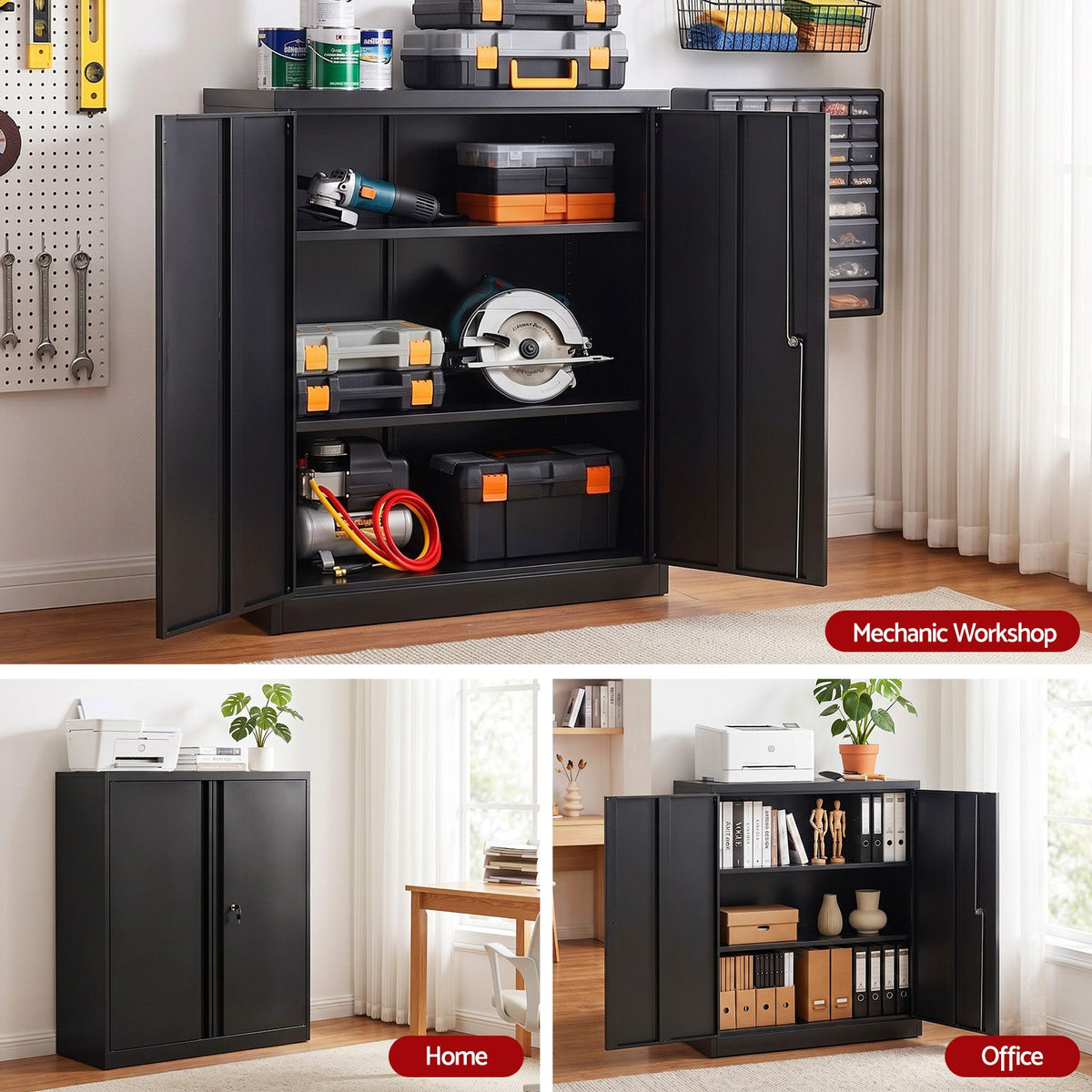 Artiss 100cm Steel Locker Cabinet Filing Mental Storage 100cm 3-Point Lock 2 Adjustable Shelves Black
