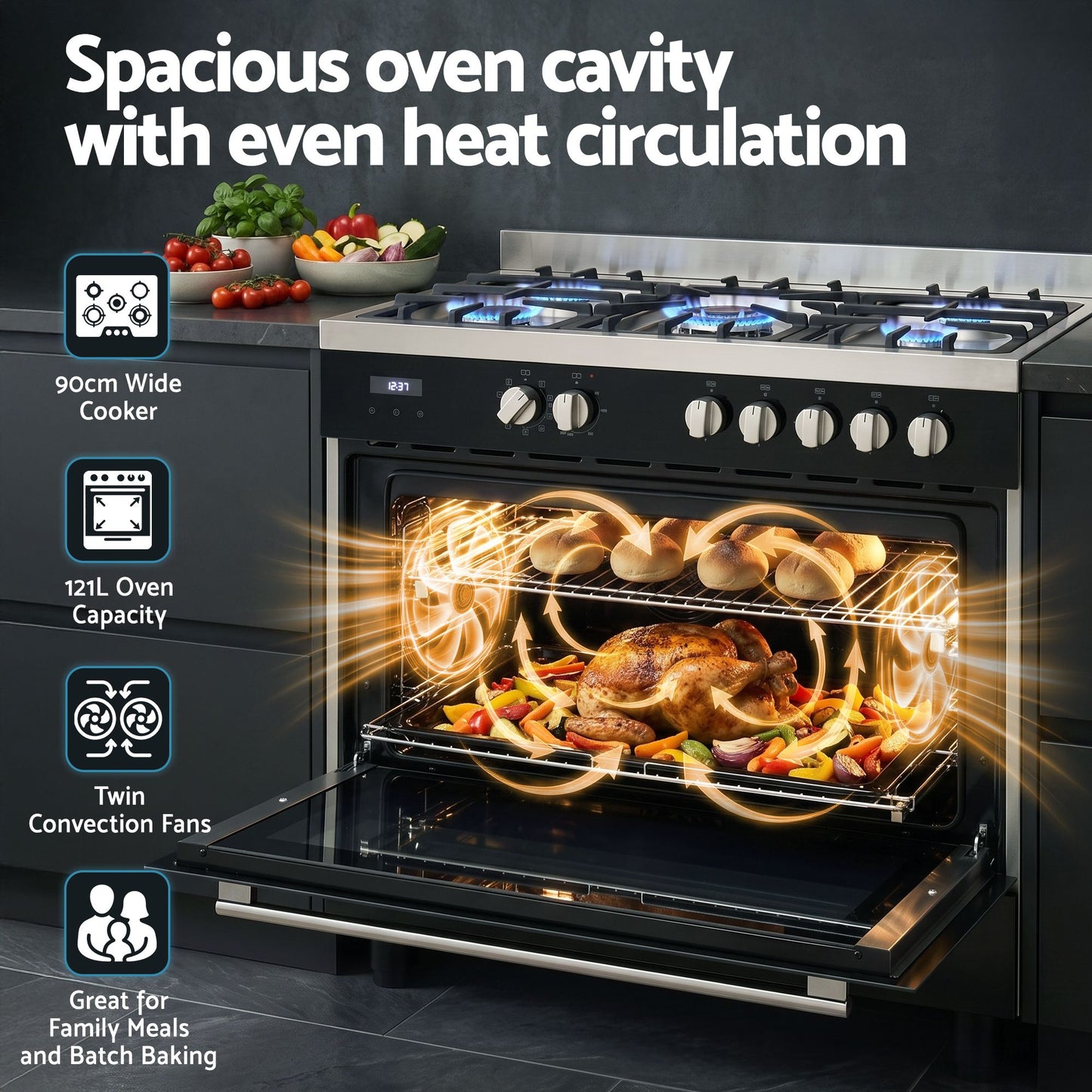 Devanti 90cm Dual Fuel Cooker - 5 Burner