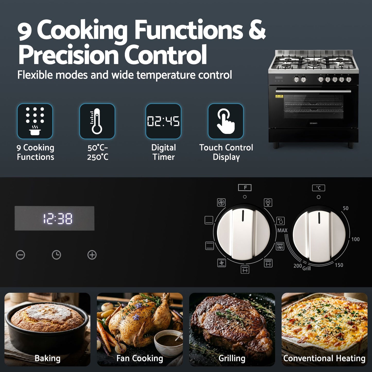 Devanti 90cm Dual Fuel Cooker - 5 Burner