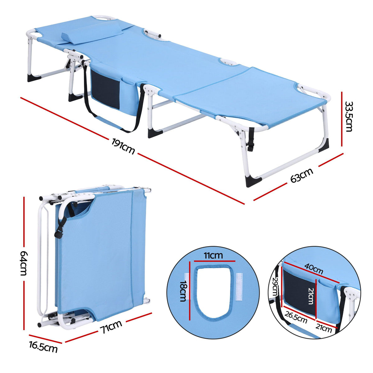 Gardeon Sun Lounger 5 Position Folding Tanning Chair with Face Hole Blue