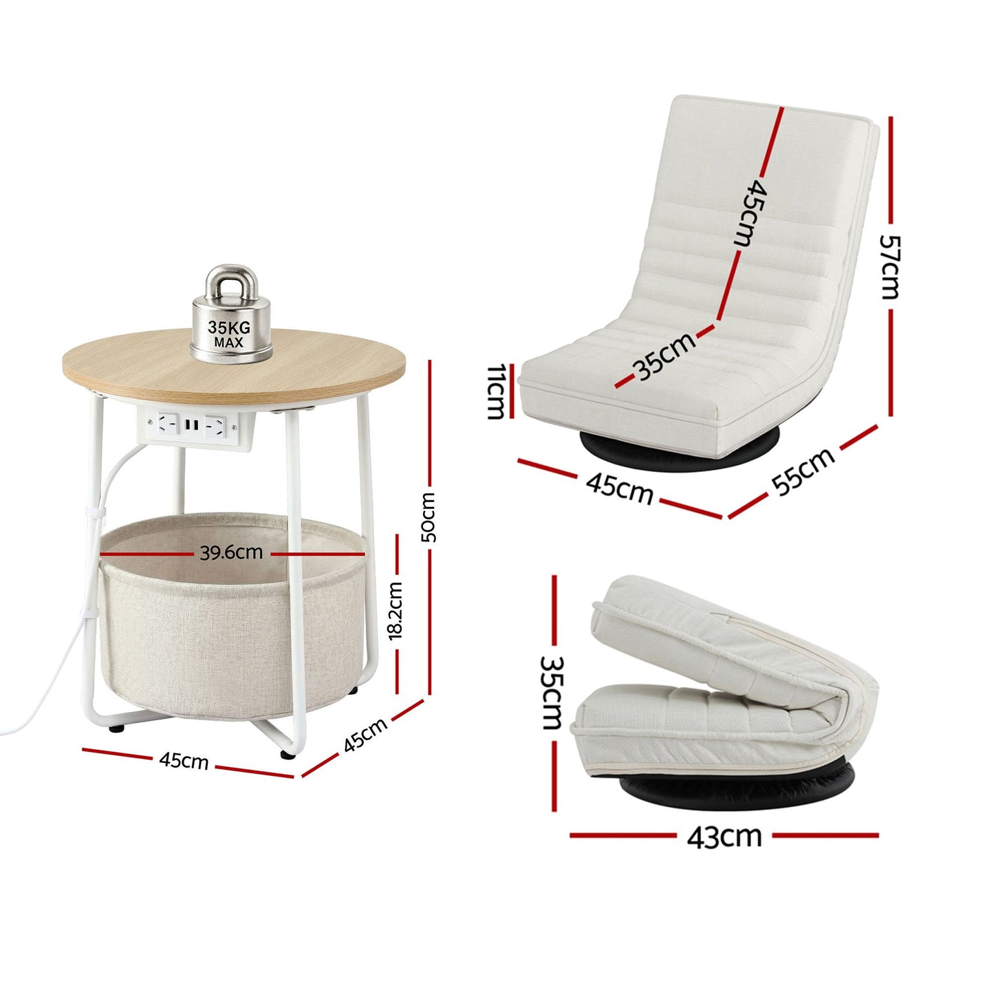 Artiss Floor Lounge & Charging Side Table Set