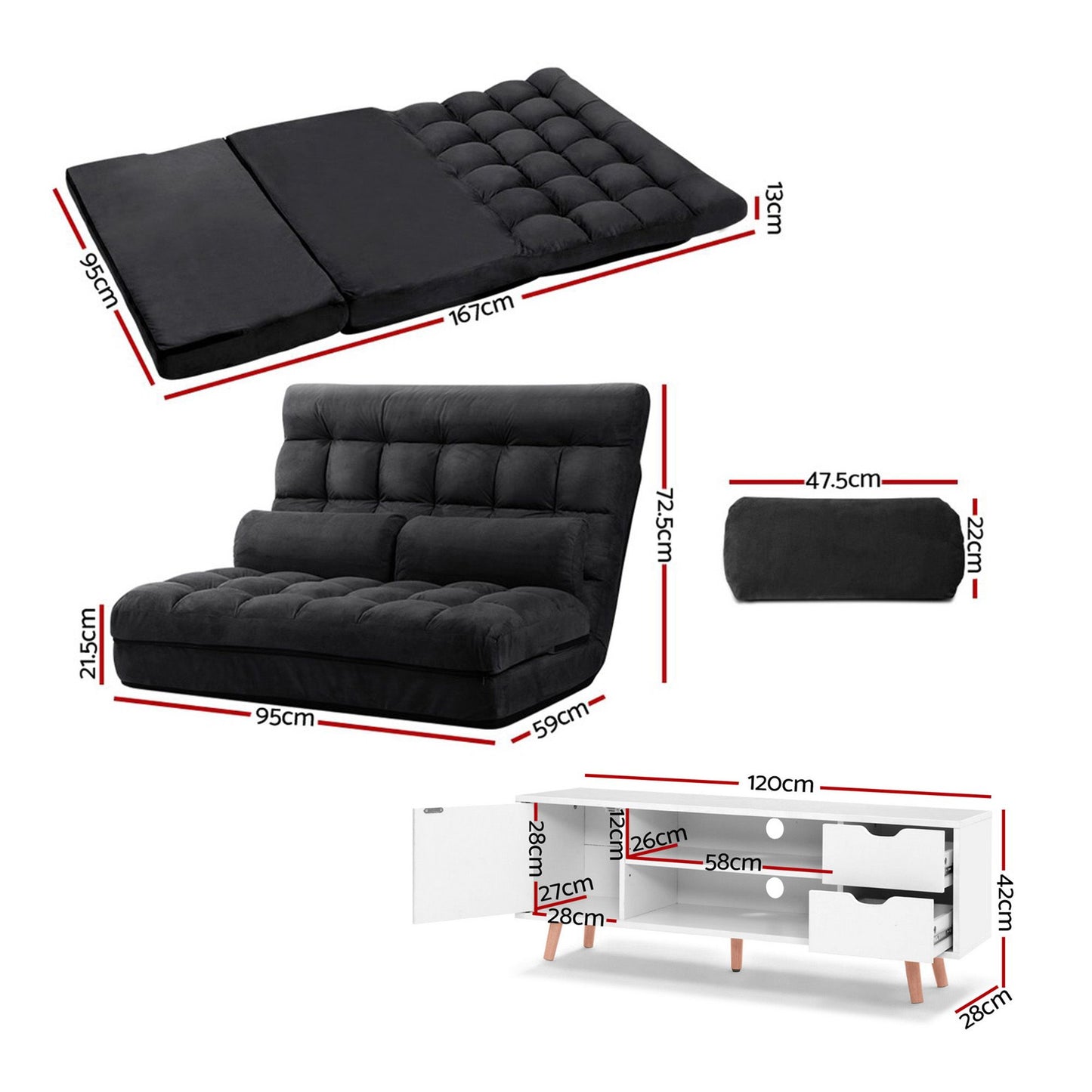 Artiss Floor Sofa Bed & 120cm TV Unit Set