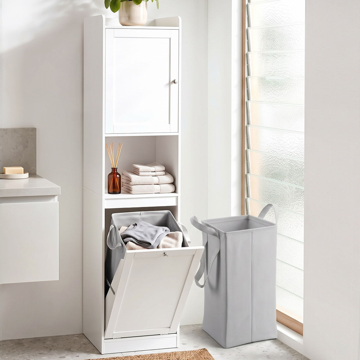 Artiss Tall Bathroom Storage Cabinet with Tilt Out Laundry Hamper White 170cm