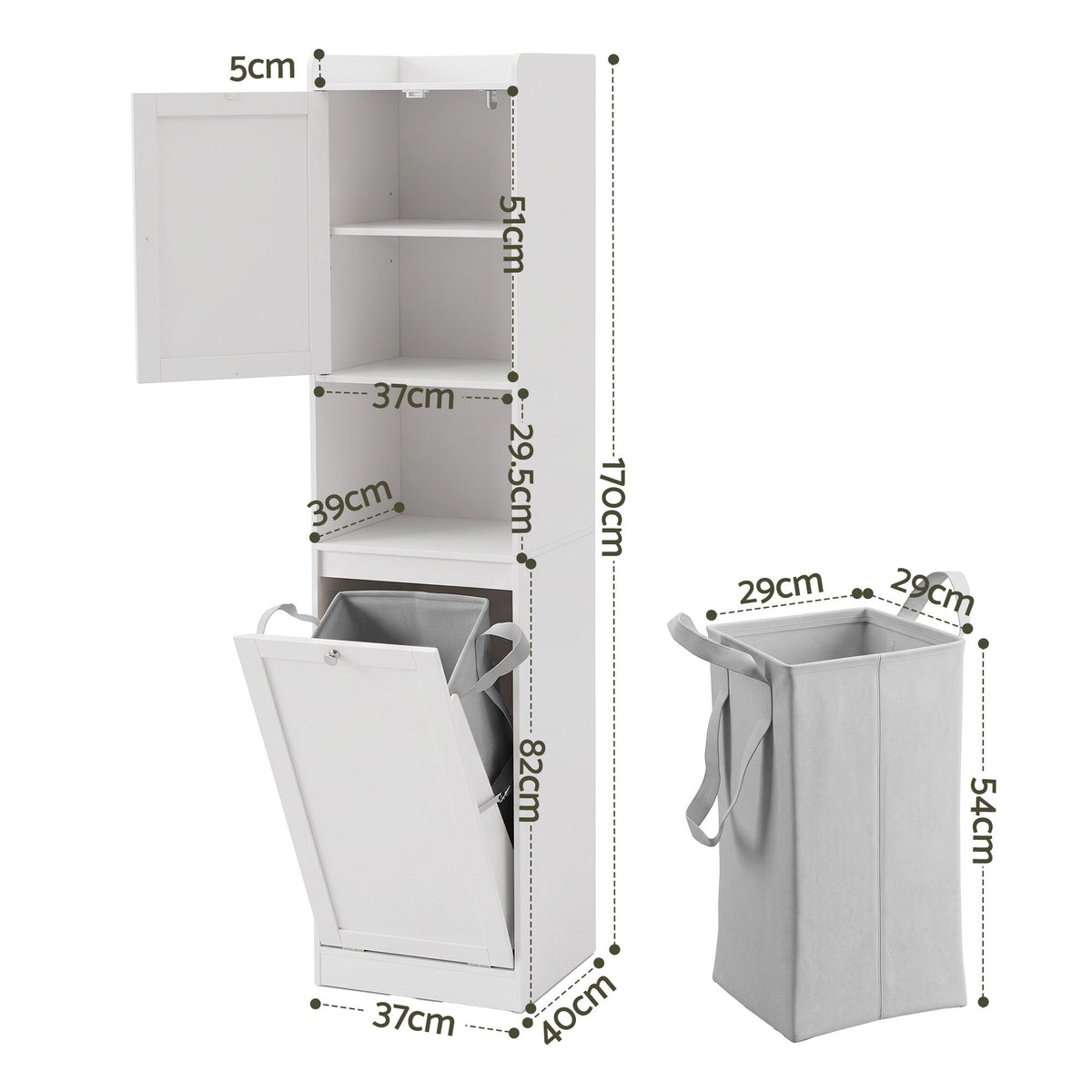 Artiss Tall Bathroom Storage Cabinet with Tilt Out Laundry Hamper White 170cm