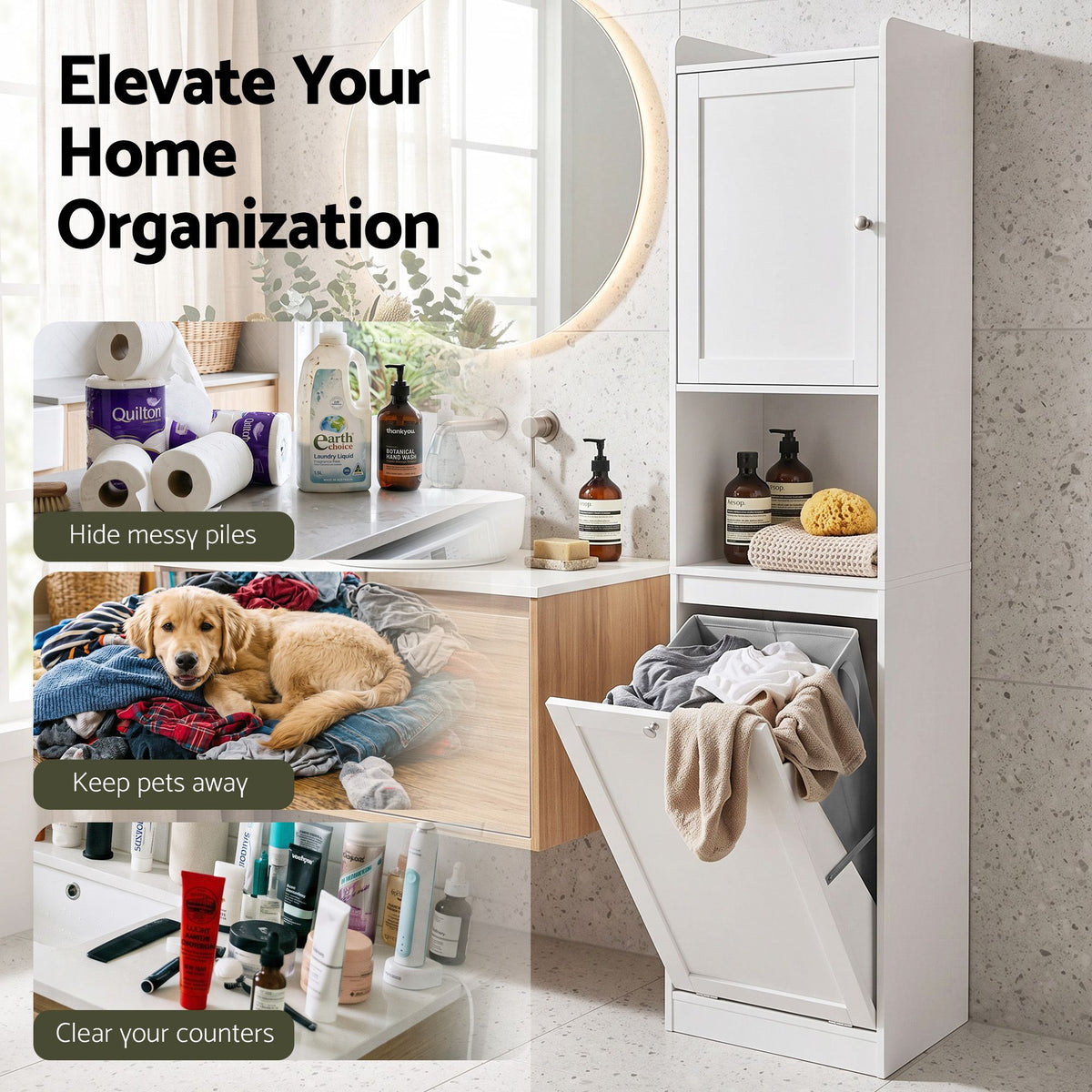 Artiss Tall Bathroom Storage Cabinet with Tilt Out Laundry Hamper White 170cm