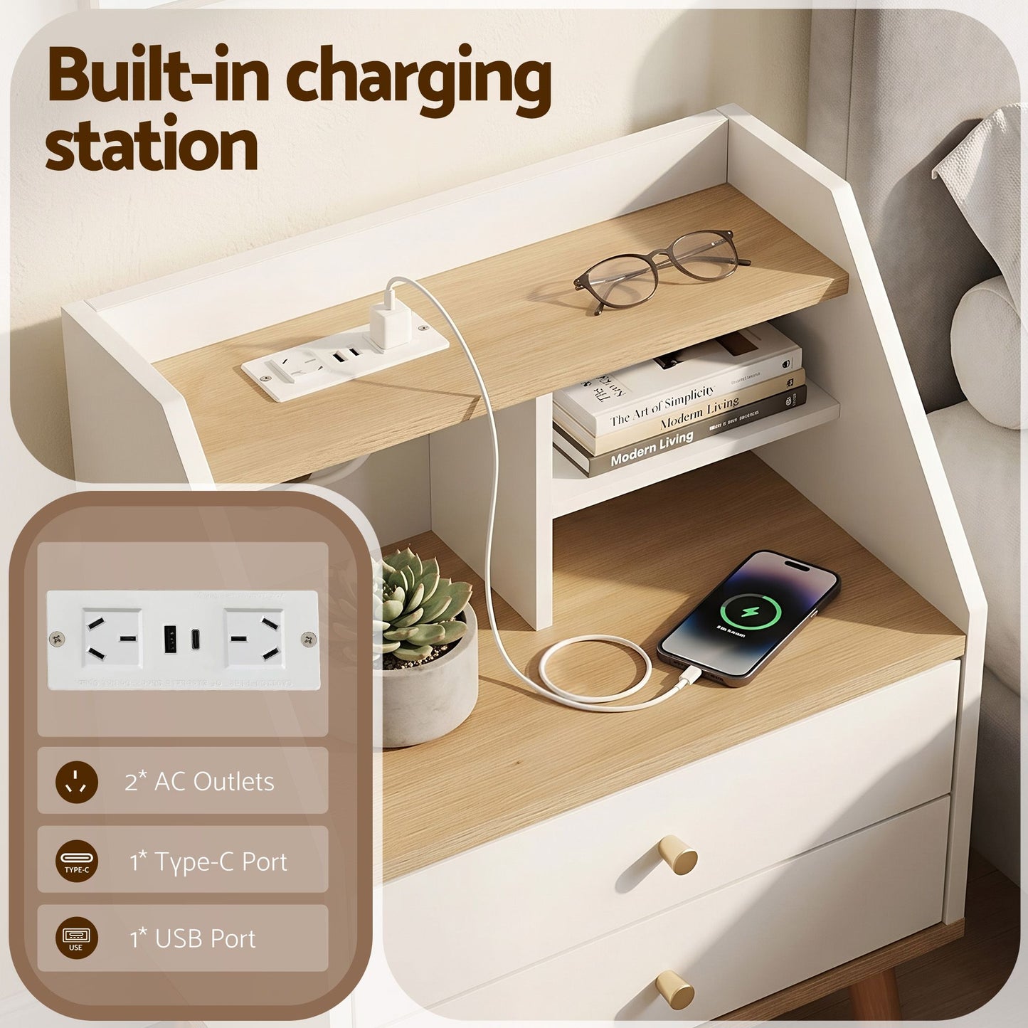 Artiss Bedside Table with Charging Station