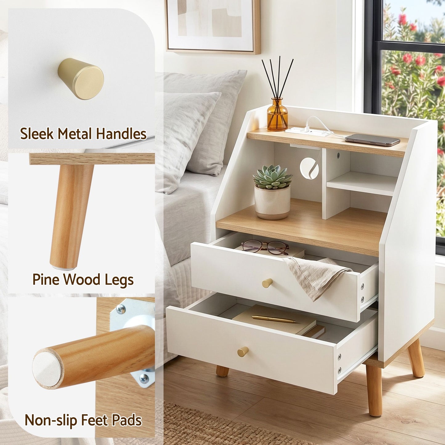 Artiss Bedside Table with Charging Station