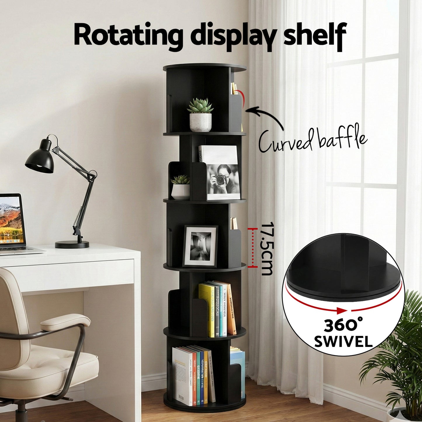 Artiss 5-Tier Swivel Bookcase - Black