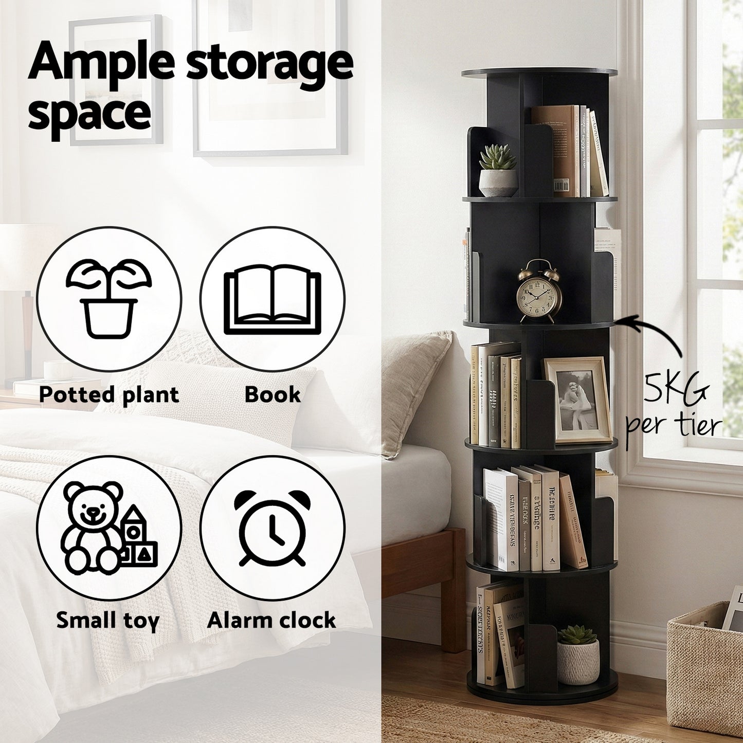 Artiss 5-Tier Swivel Bookcase - Black