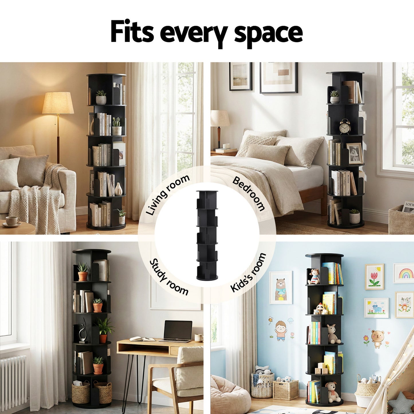 Artiss 5-Tier Swivel Bookcase - Black