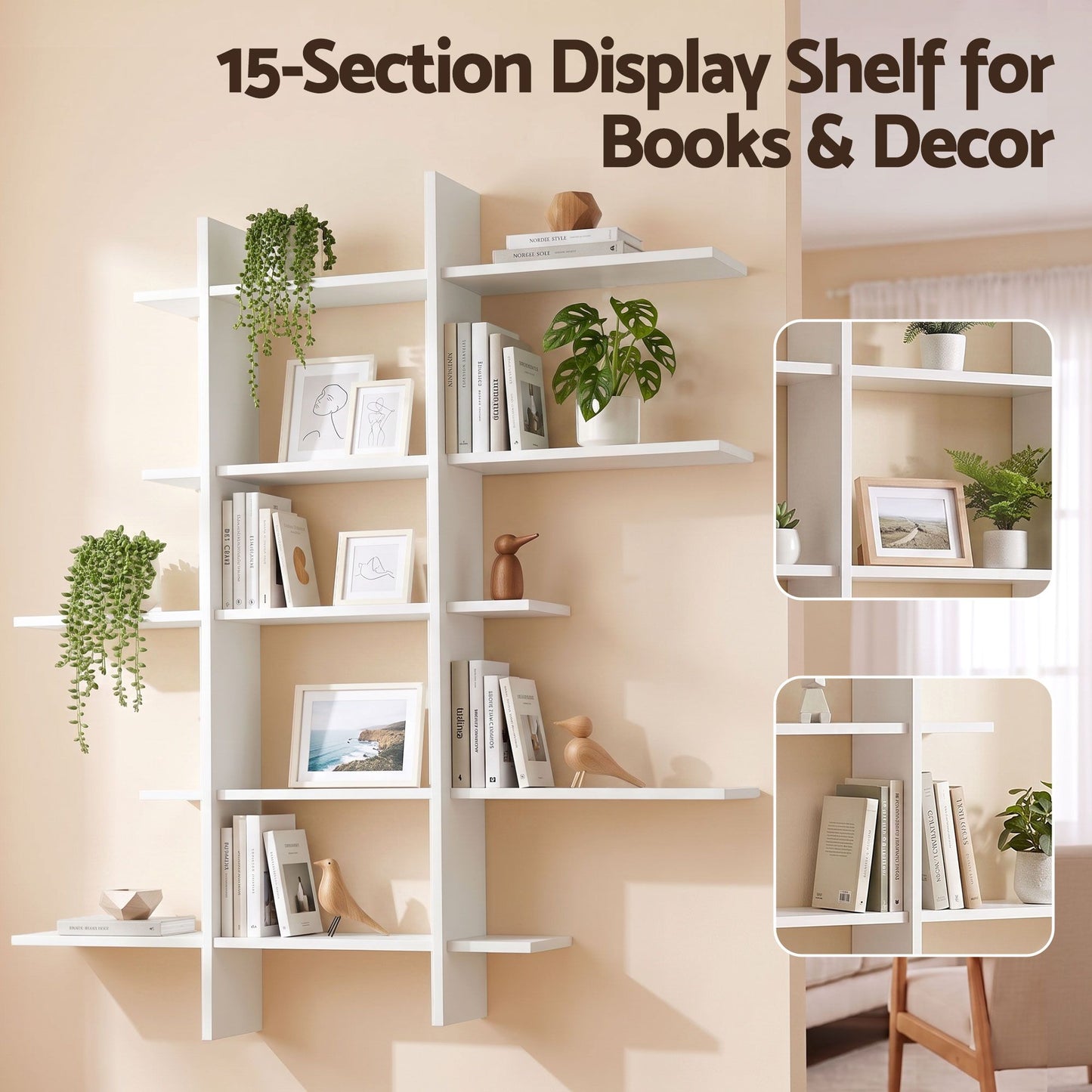 Artiss 15-Section Wall Mounted Display Shelf, Floating Bookshelf for Books and Decor, Extra Thick E1 PB Board for Home Study and Living Room, 116 x 18 x 129 cm