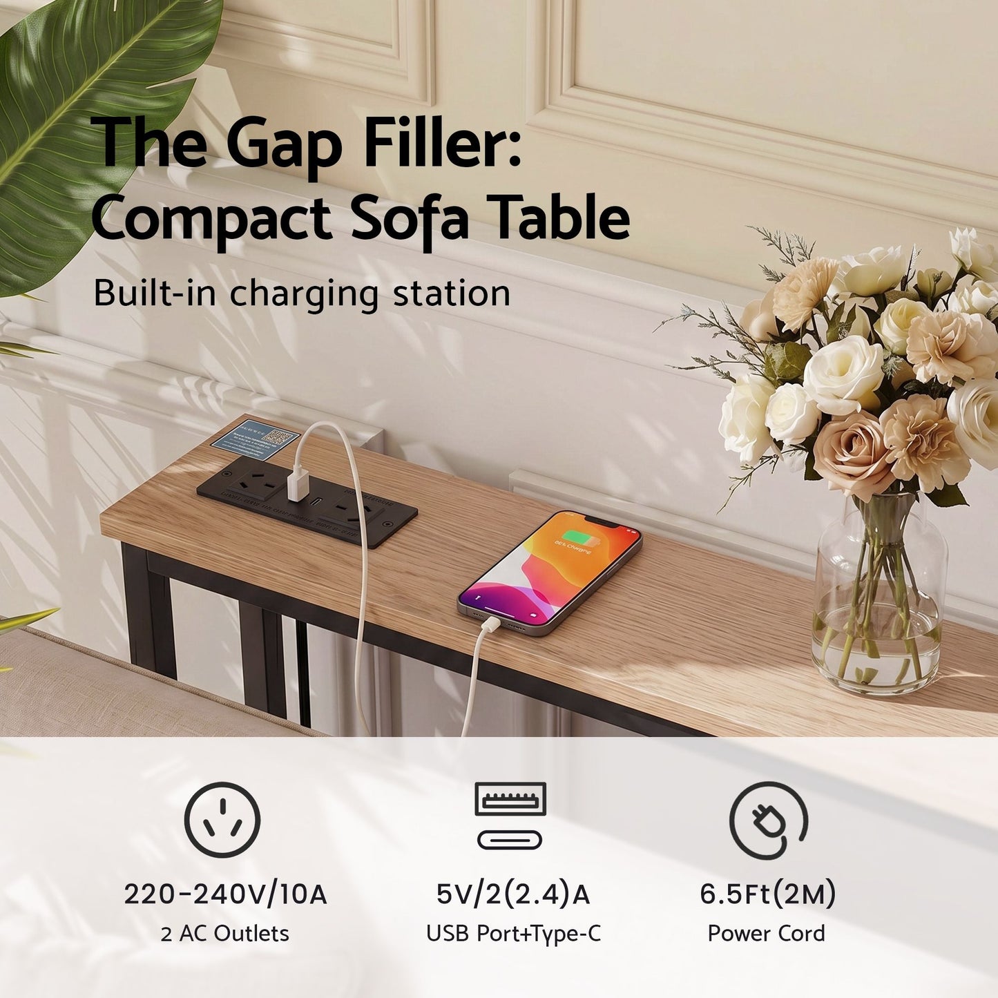 Artiss Entryway Console Table with Charging Station - Wood