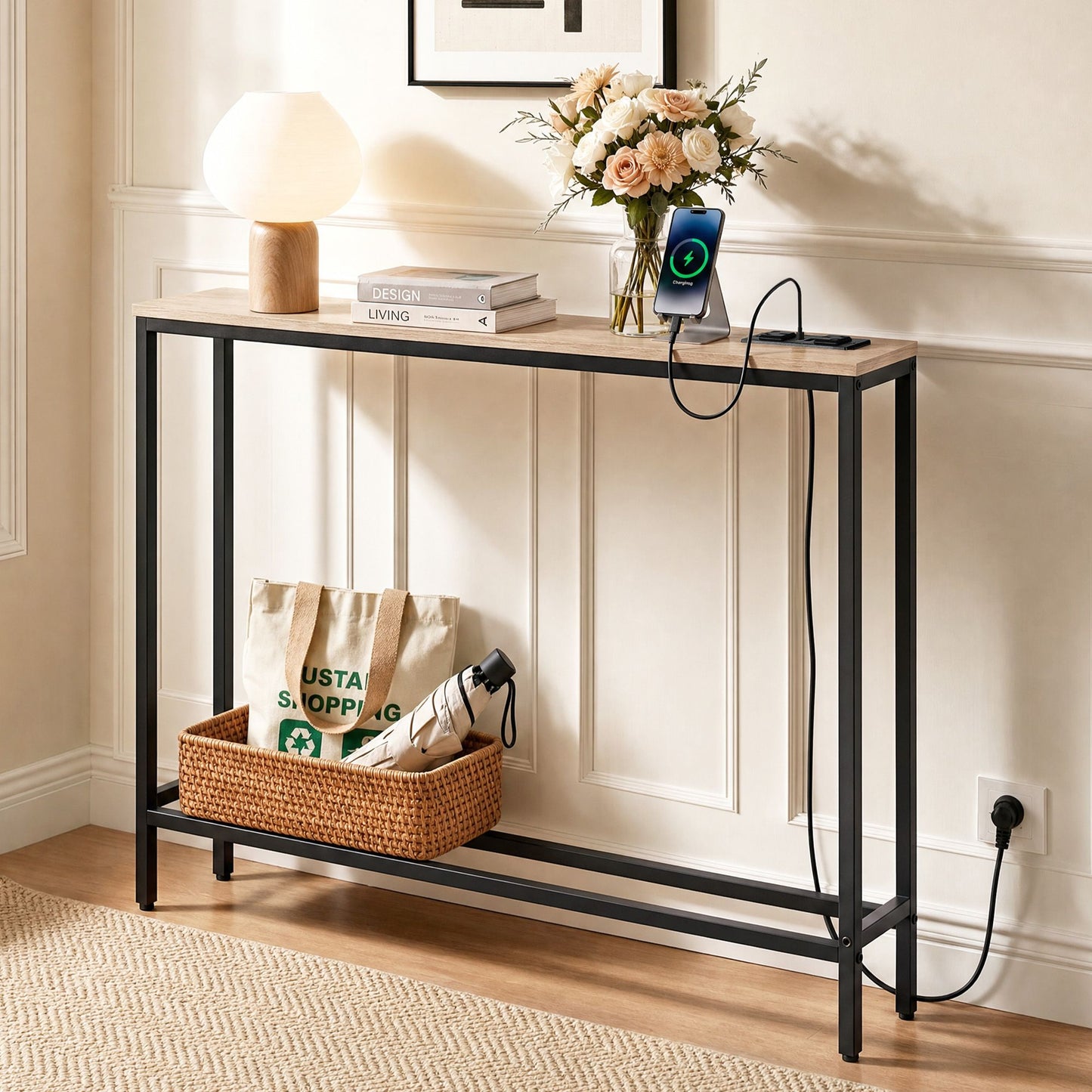 Artiss Entryway Console Table with Charging Station - Wood