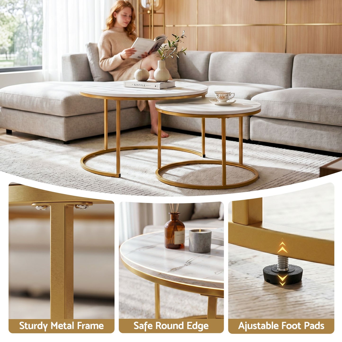 Artiss 2-Piece Nesting Coffee Table Set - White & Gold