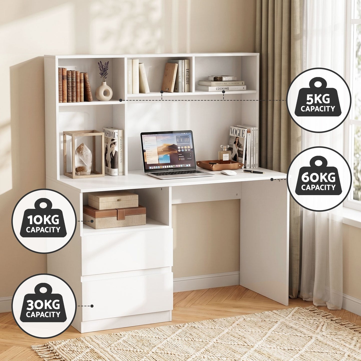Artiss Office Desk with Shelves - White
