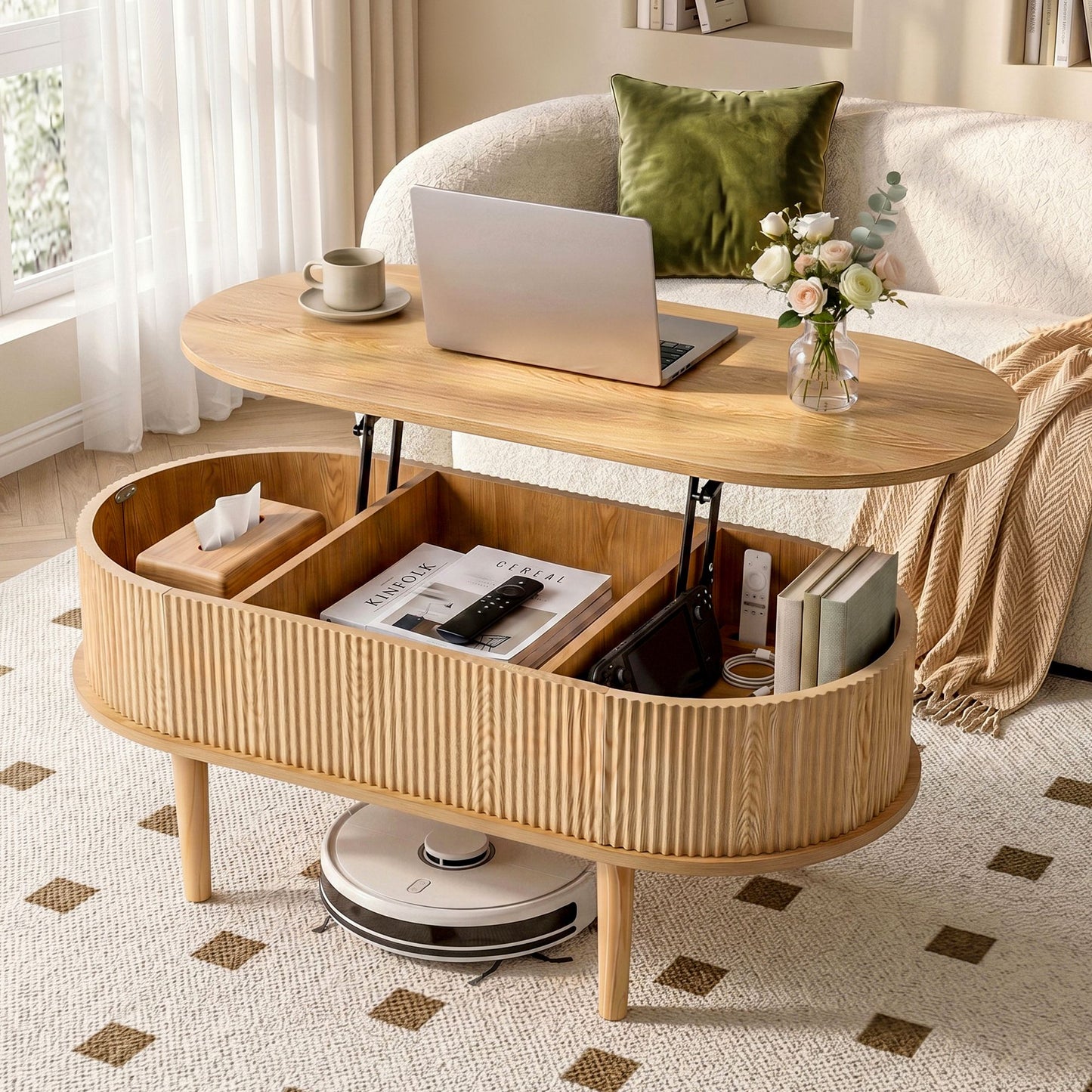 Artiss Lift-Top Fluted Oval Coffee Table with Storage - 100cm