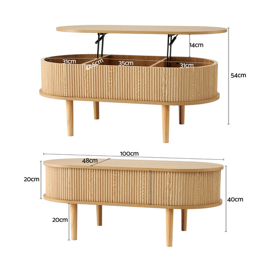 Artiss Lift-Top Fluted Oval Coffee Table with Storage - 100cm